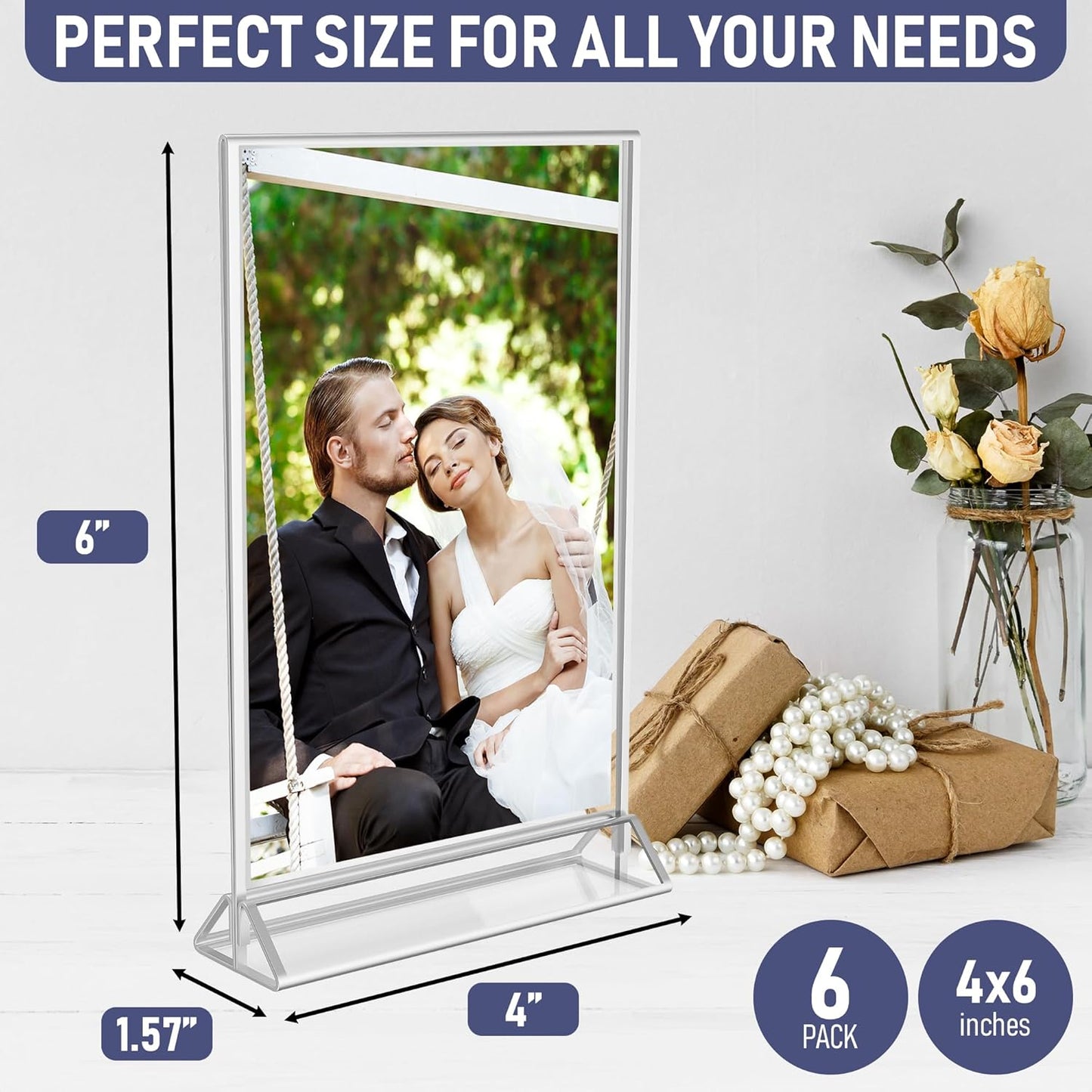 Silver Picture Frames Double-Sided, 6-Pack 4x6 Acrylic Table Number Holders, Clear Easel Stands for Signs, Silver Frames for Wedding Table Numbers, Menu Holders, Photo Displays for Events and Décor