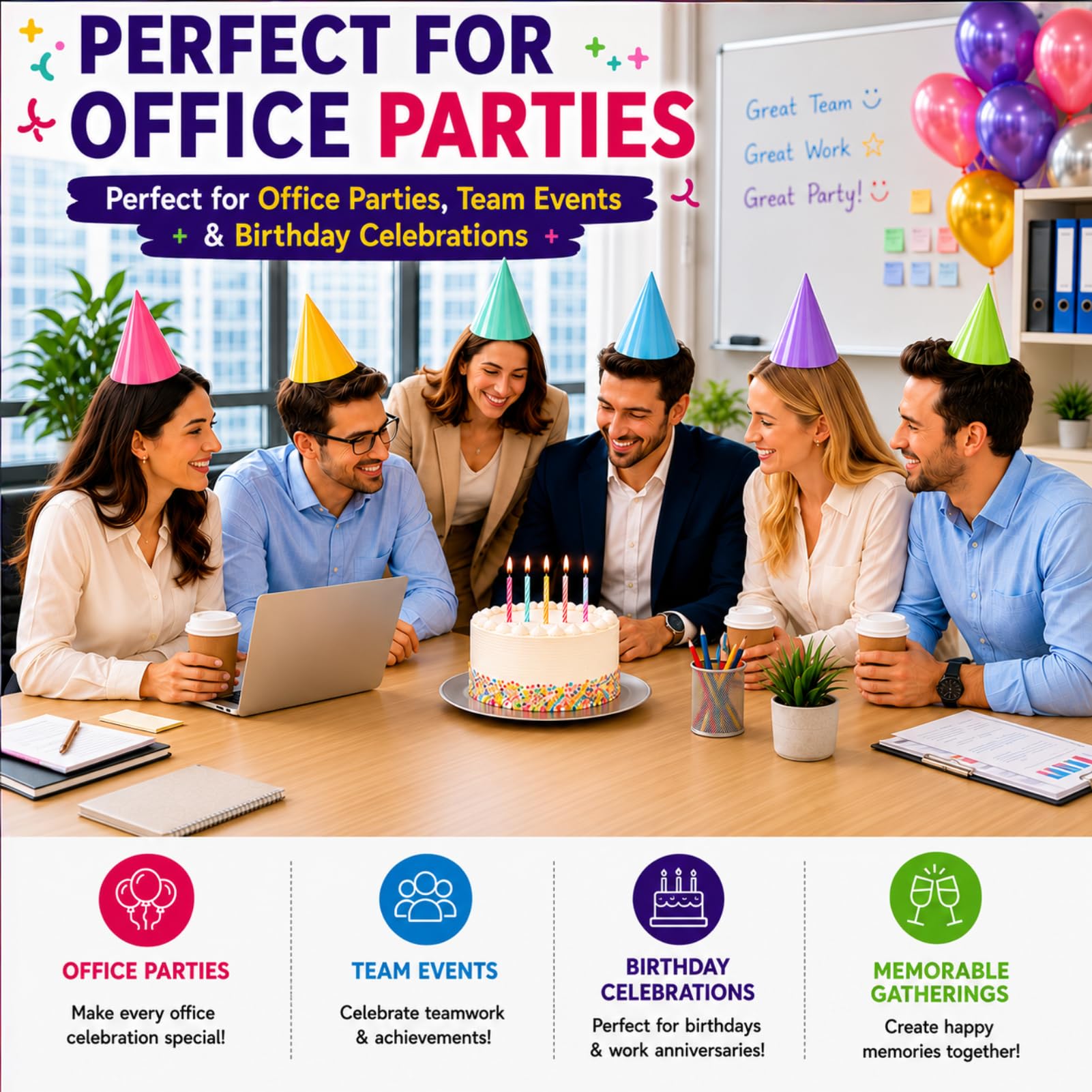 Fvumhlaoog 16PCS Pre-Assembled Party Hats for Kids|Birthday Hats for Adults