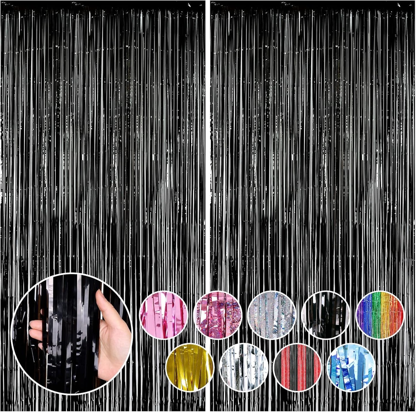 RUBFAC 2 Pack Black Backdrop Party Decorations Tinsel Foil Fringe Curtains Photo Booth Streamer for Halloween Party Decorations New Year Bachelorette Wedding Engagement Birthday Holiday Party Supplies