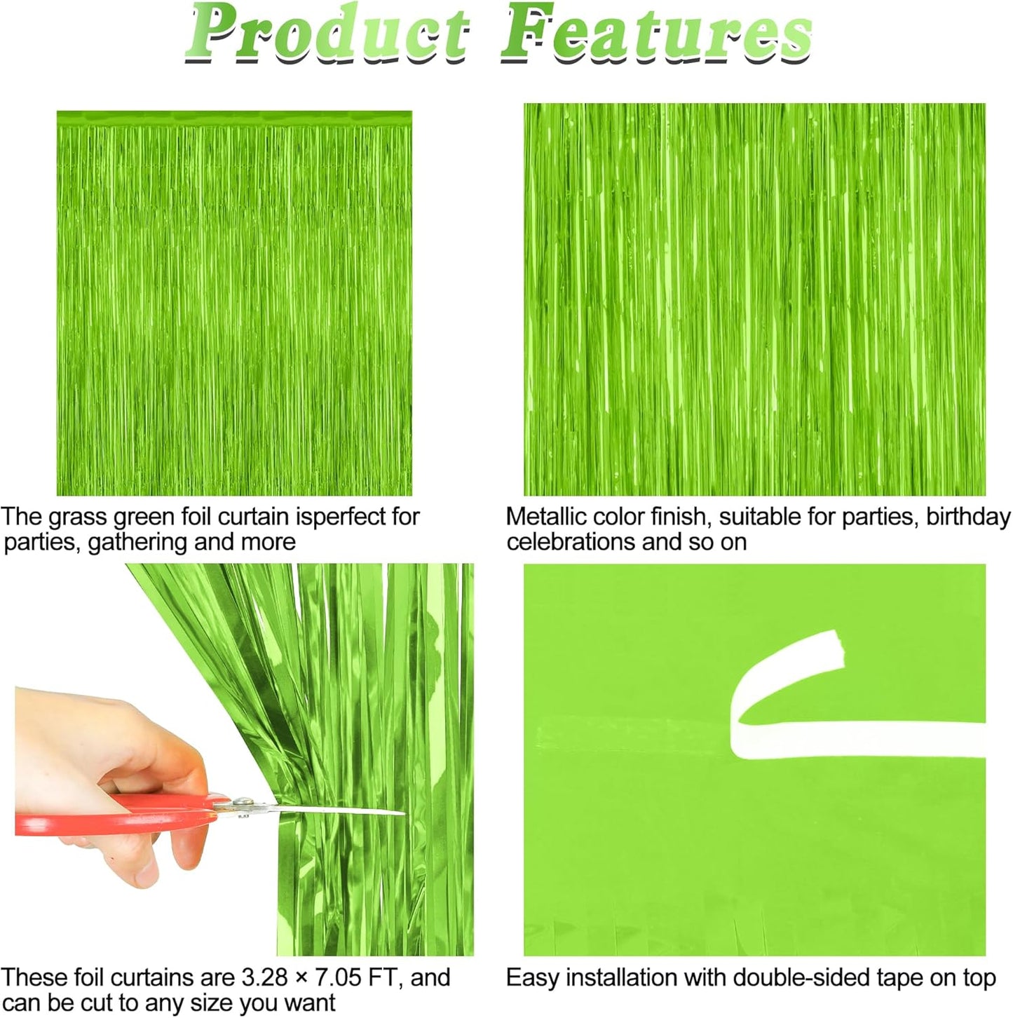 2 Pack Backdrop Curtains, 3.28 Feet x 7.05 Feet Grass Green Fringe Curtains, Metallic Tinsel Backdrop Foil Curtains Streamer, Party Supplies Party Decorations Photo Props