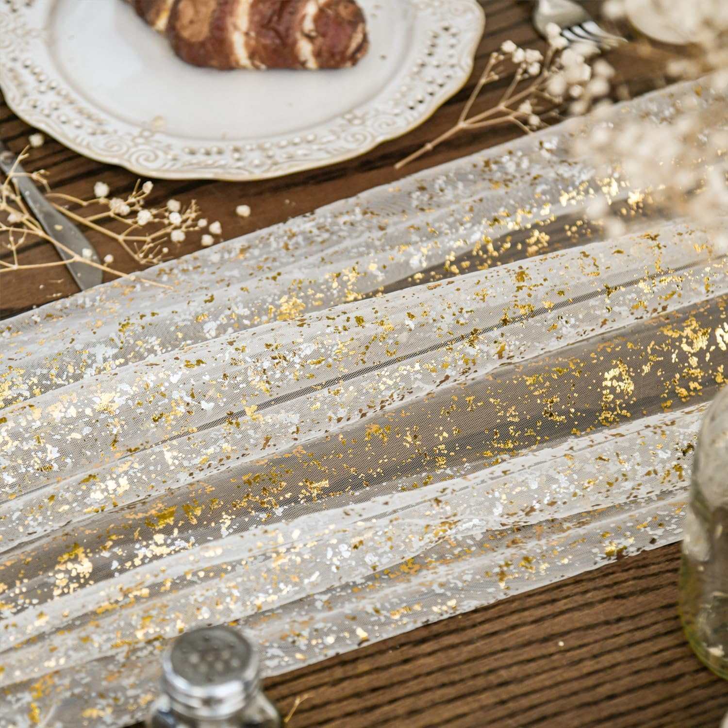 Artoid Mode Beige Gold Gauze Table Runner 120 Inch 10FT, Glitter Metallic Foil Sheer Dining Wedding