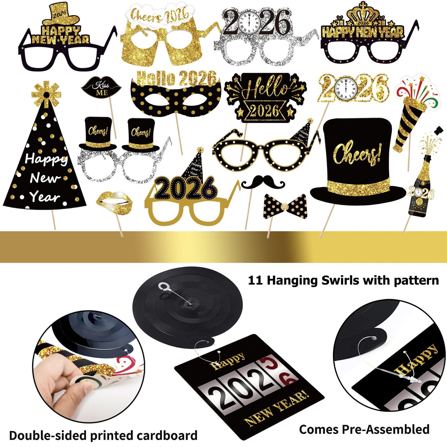 MOVINPE New Year Eve Party Decorations Kit 2026 - Happy New Year Party Supplies, Banner Cone Hats