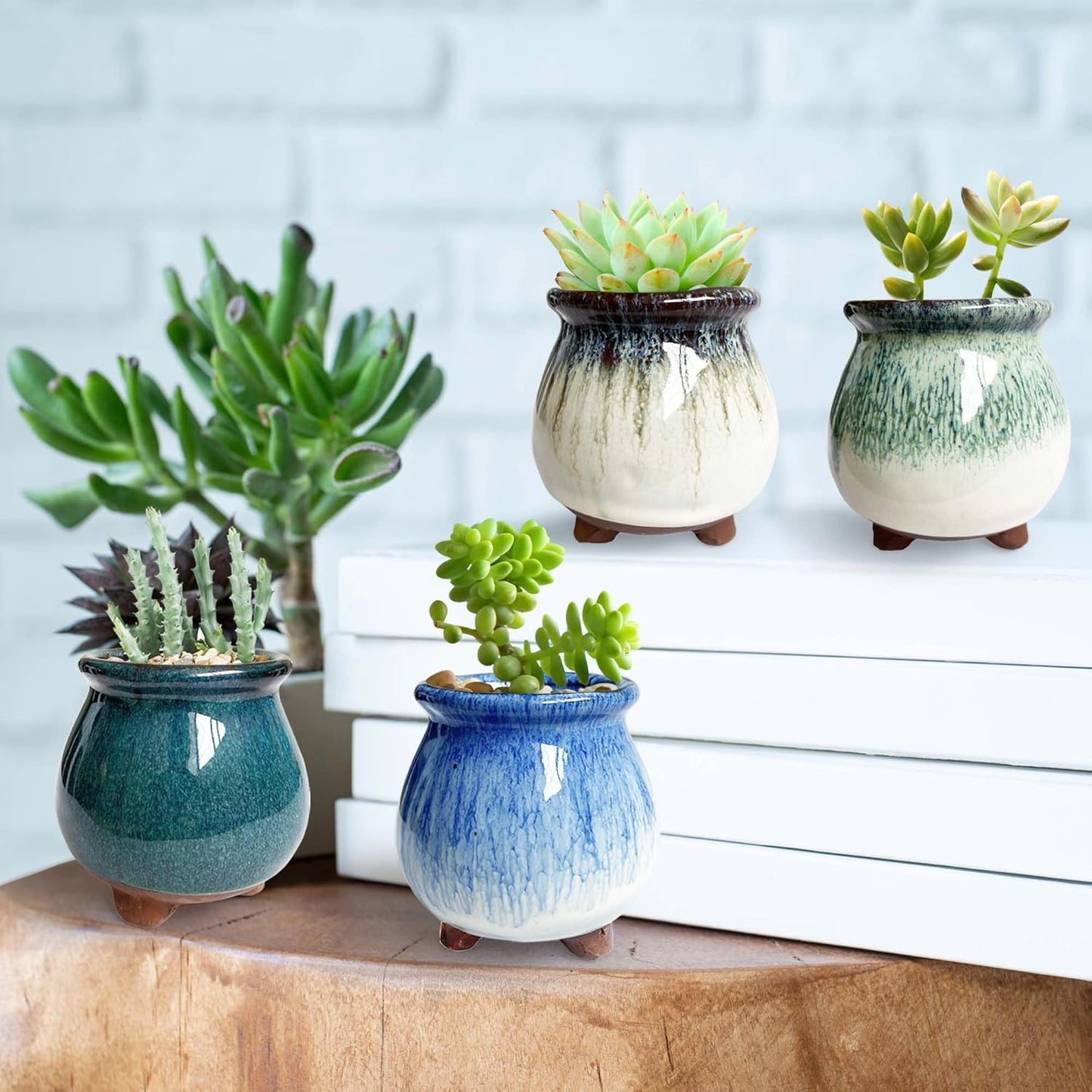 3 inch Glaze Handcraft Ceramic Pot Set, Small Cactus Planter with Drainage, Mini Cactus Pots Desk Shelf Decor, Cute Set of 4 Succulent Planter Pots