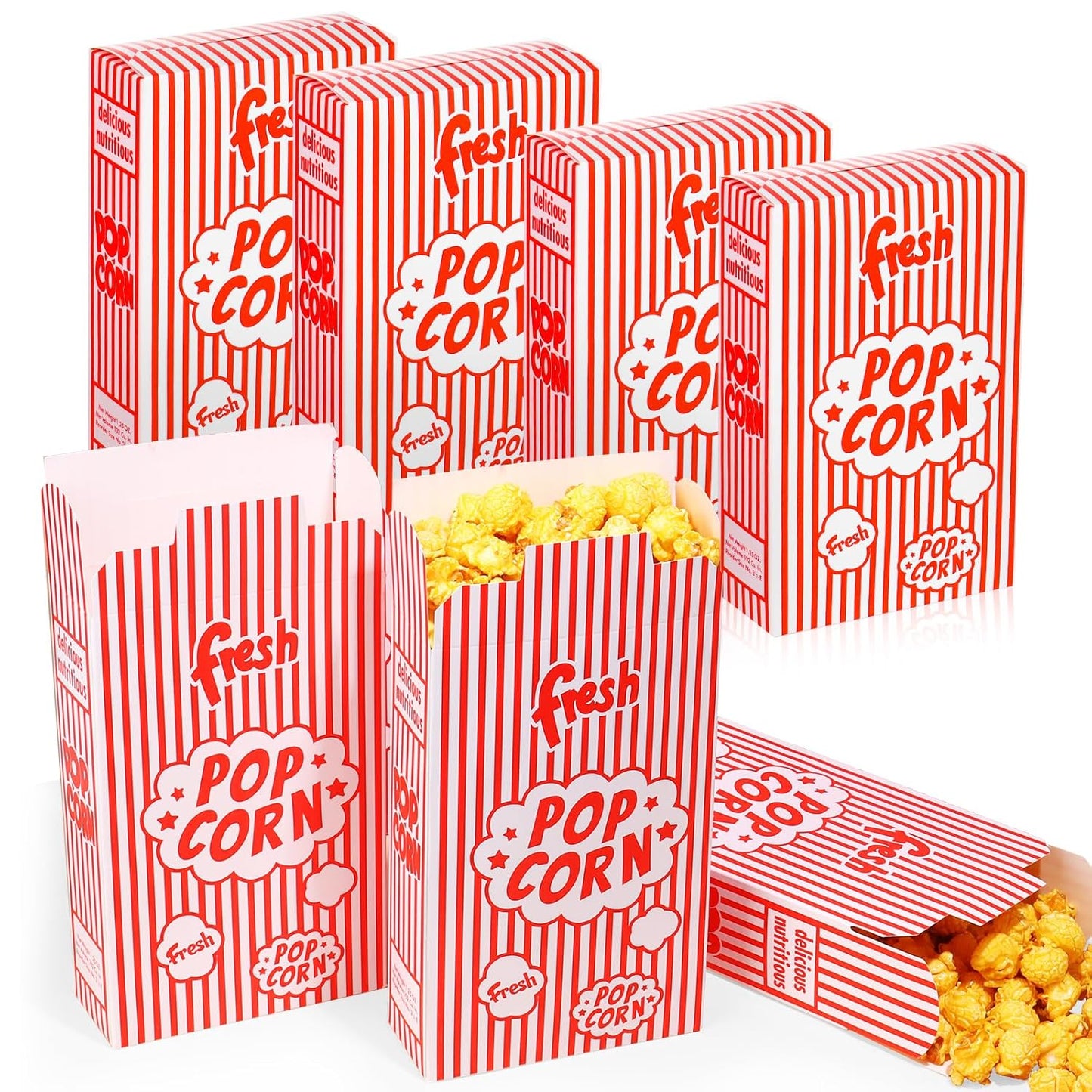 Dualshine 200 Pack Popcorn Boxes,1.25 oz Paper Popcorn Containers,Red and White Striped Close-Top Cardboard Pop Corners Bags Individual Servings for Theater Night Movie,Party,Christmas
