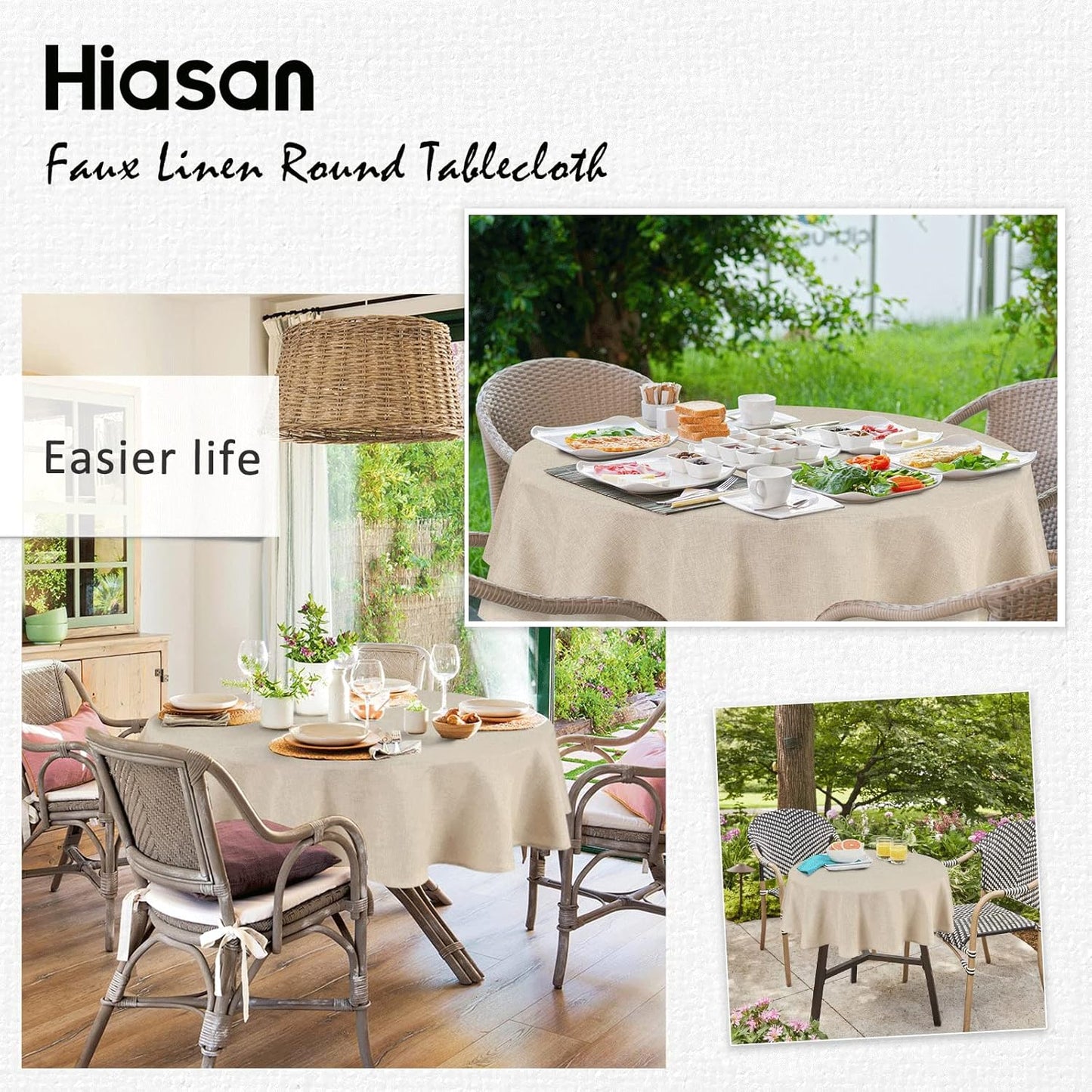 Hiasan Round Linen Tablecloth 60 Inch - Table Cloth Round Tablecloth Wrinkle and Stain Resistant Washable Polyester Fabric for Dining Room Kitchen Party, Beige