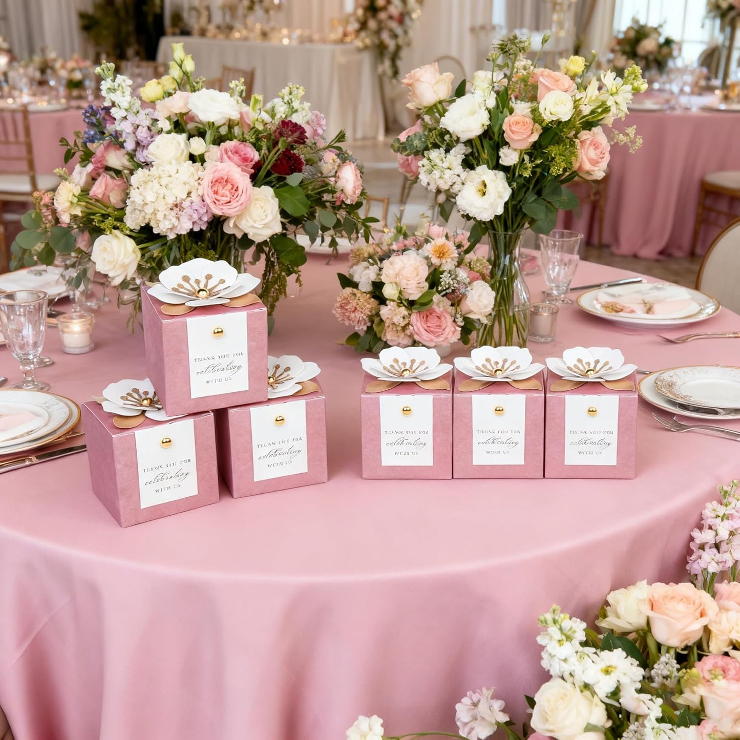 FEIYI 20 PCS Candy Boxes, 3 In 1Dusty Rose Favor Boxes with Floral Decor, White Thank You Tags Gift wrapping for Wedding Birthday Baby Shower Decorations Party -2.55x2.55x2.55''