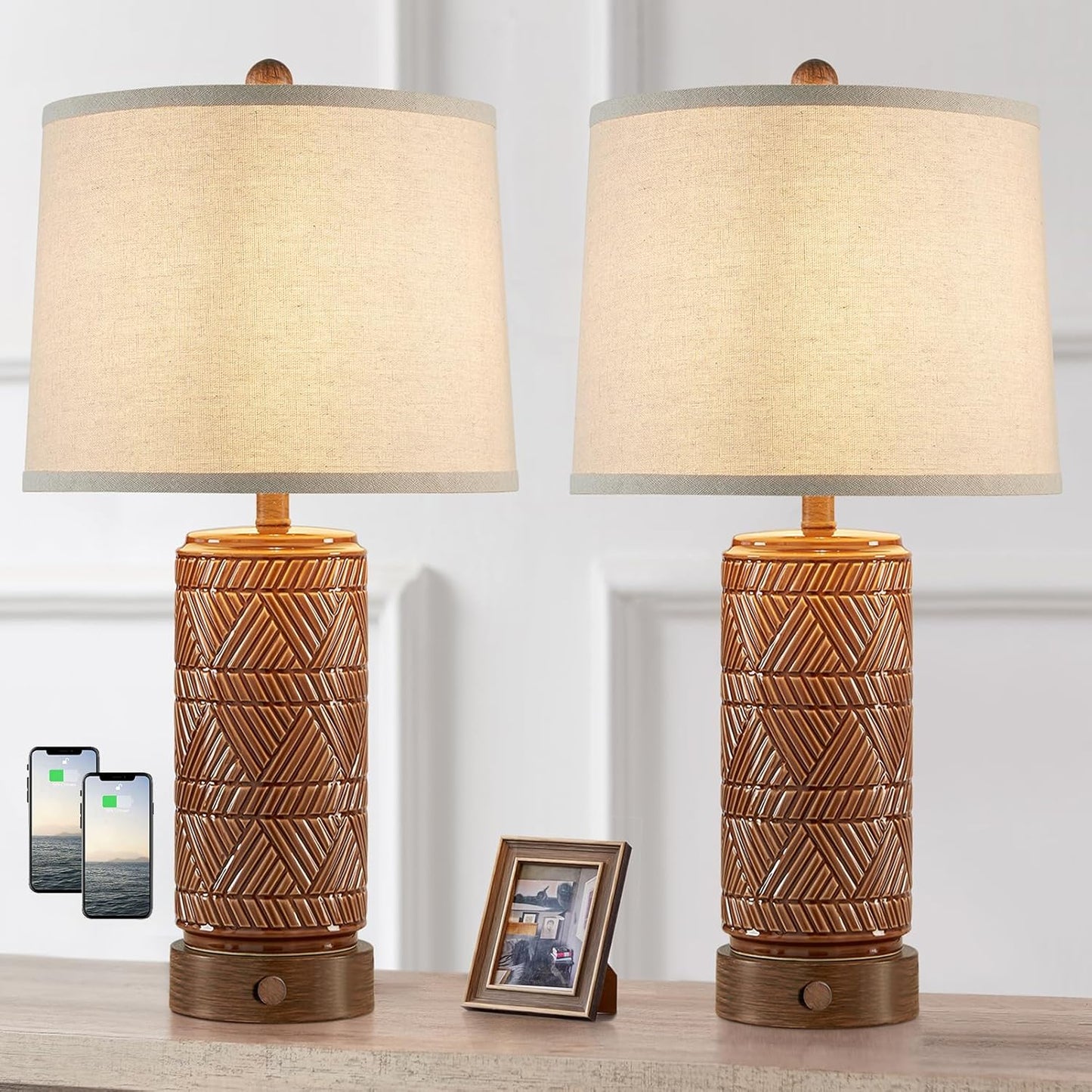 RORIA Set of 2 Vintage Touch Table Lamps for Living Room, 3 Way Dimmable Nightstand Lamp with 2 USB Port, Farmhouse Rustic Boho Ceramic Desk Lamps for Bedroom End Table, Bulbs Included