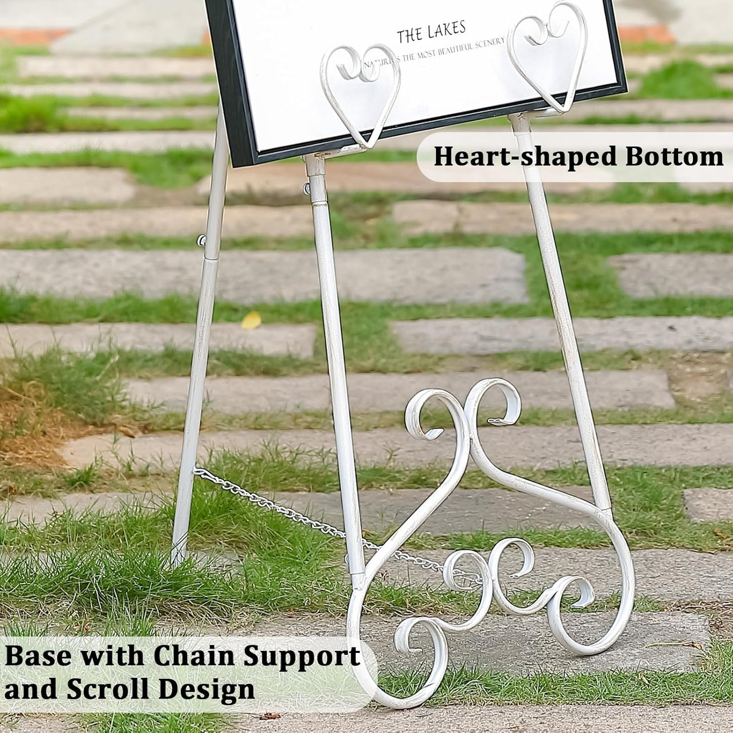 Extra Large Free Standing Adjustable Display Stand Easel with Chain Support, Retro White Decorative Metal Foldable Floor Standing Easel for Display Mirror Wedding Welcome Signs, 16.3" x 19.3" x 56"