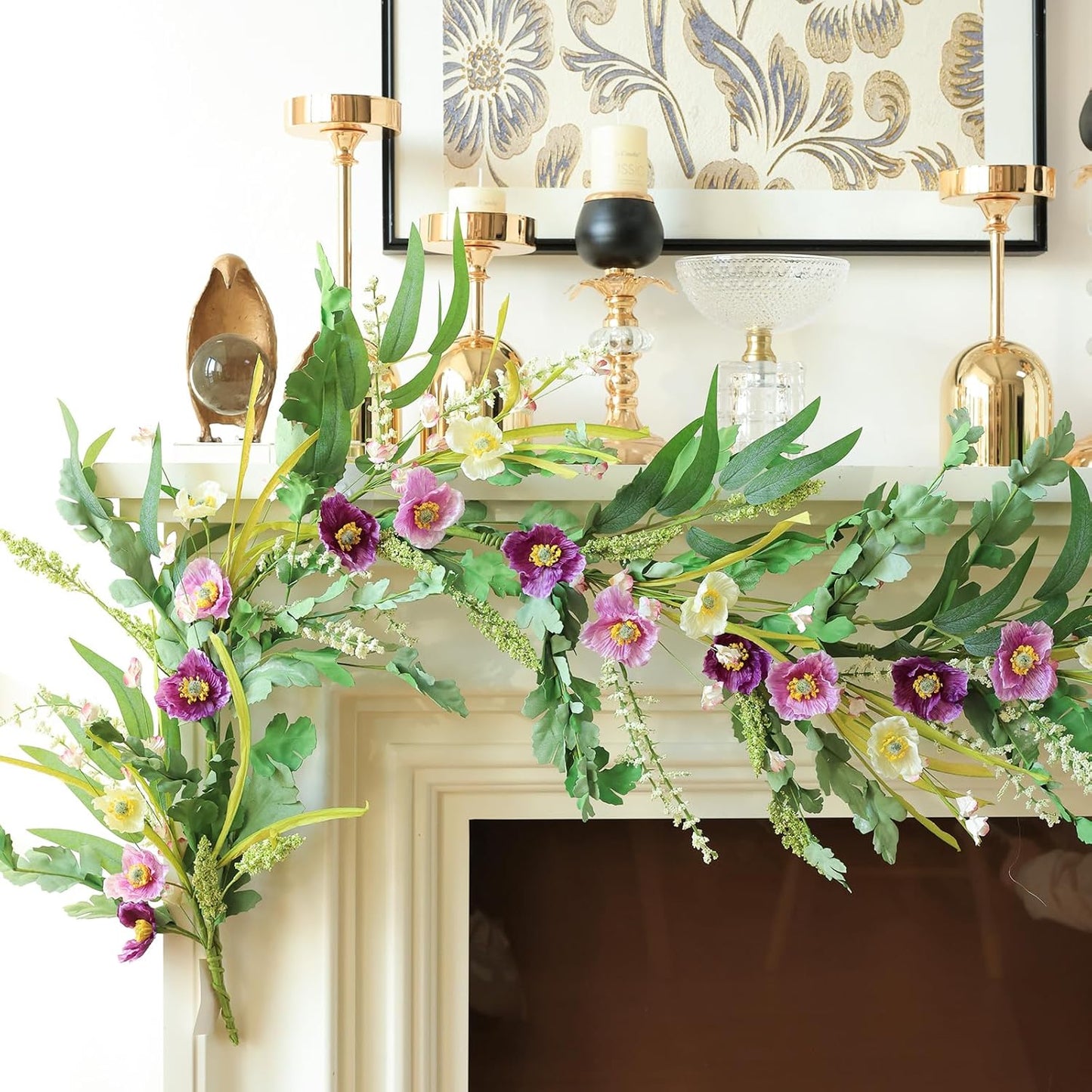 Mizii Purple Artificial Flower Garland 6FT Fake Poppy Floral Garland Hanging Vines Spring Summer Flowers Decorations for Mantle Table Centerpieces Room Wall Fireplace Wedding Decor (Purple)