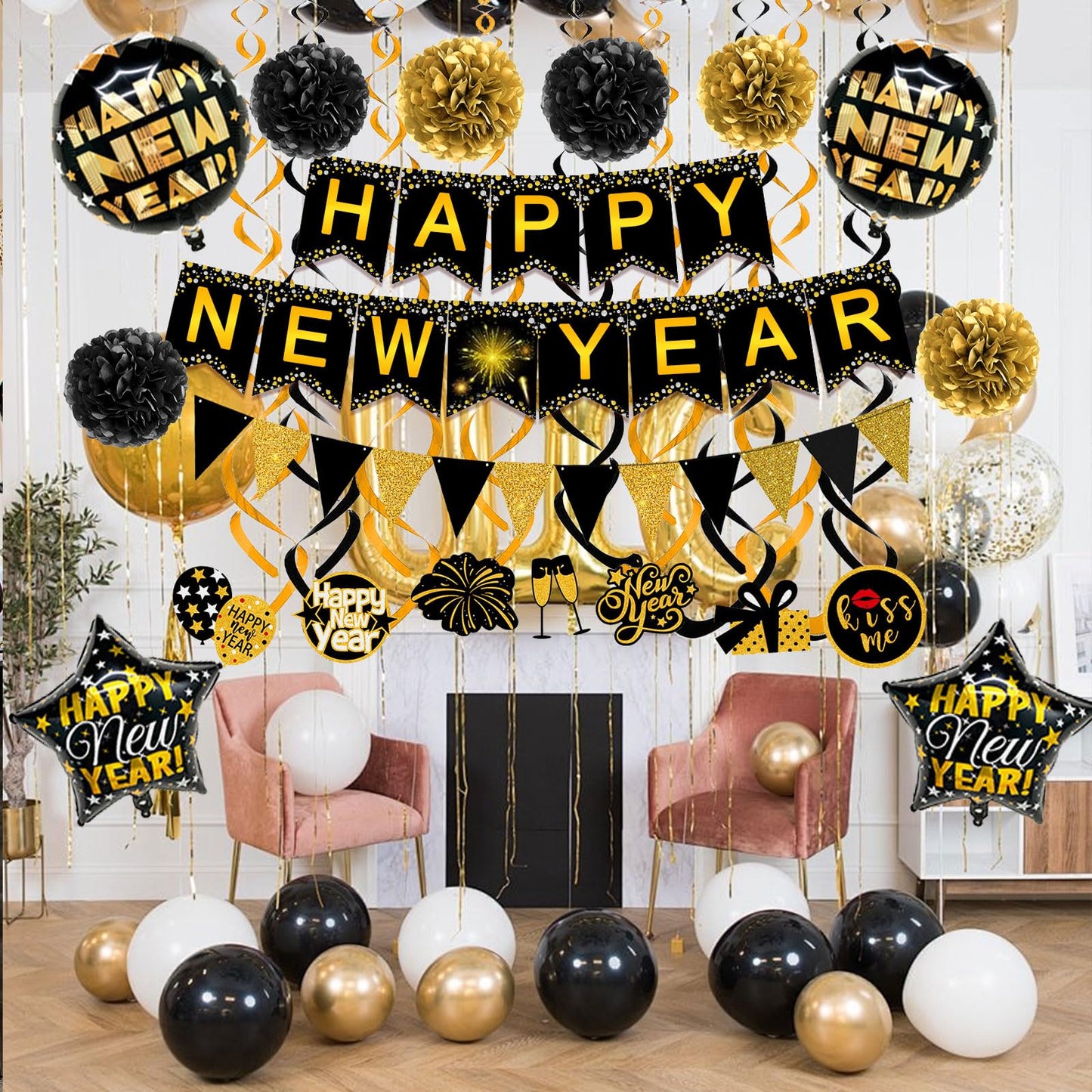 Famoby Happy New Year Paper Banner Triangle Flag Bunting Pom poms Swirls Streamers & Balloons for