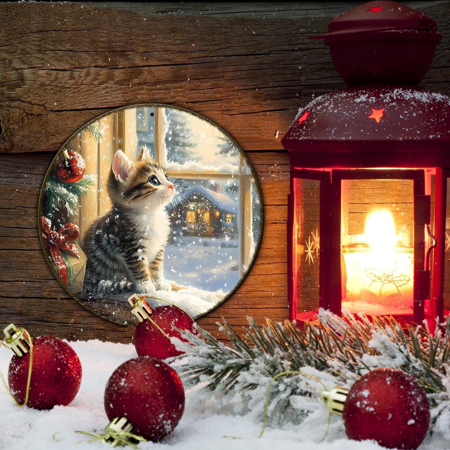 Round Christmas Sign Cats Vintage Metal Sign Christmas Kitten Retro Tin Sign Wall Decor for Home Office Bar Club Man Cave 8 * 8 in