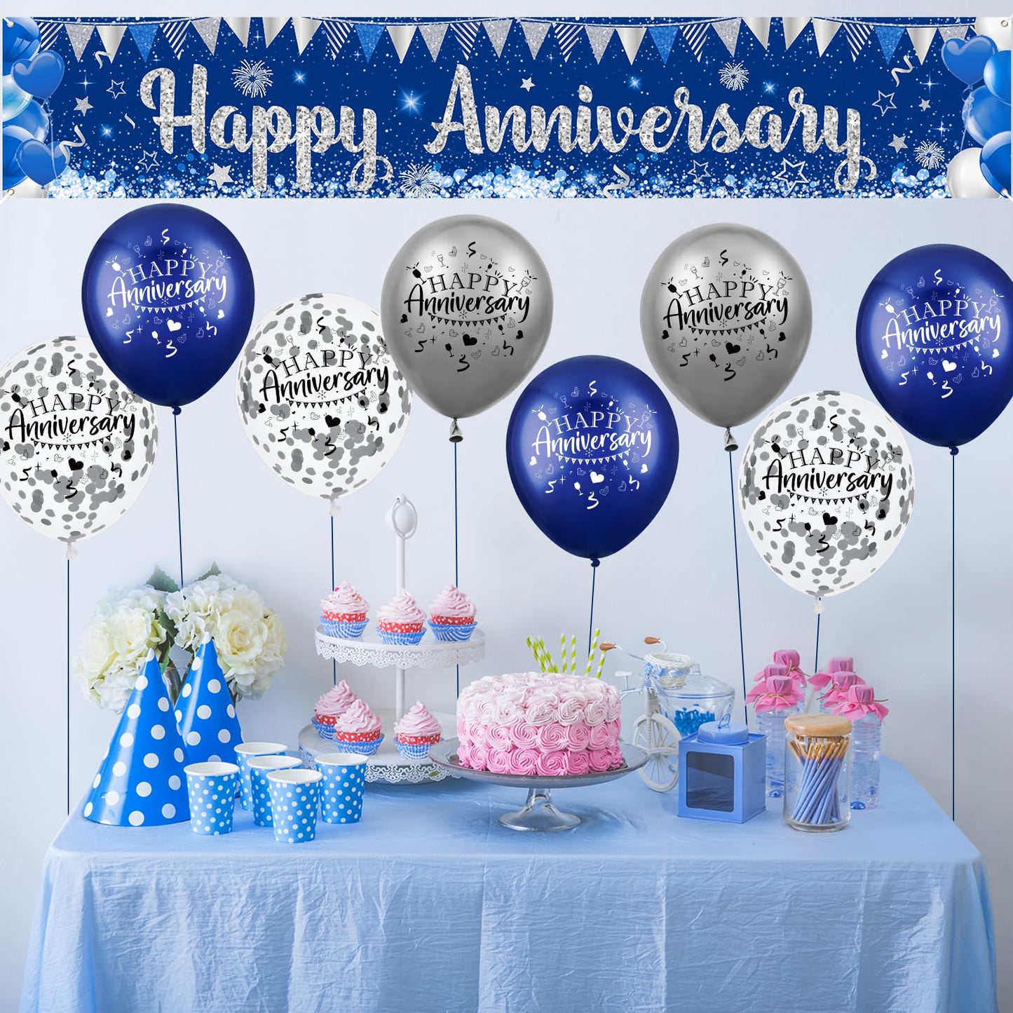 Blue Happy Anniversary Decorations for Men Women, Silver Blue Happy Anniversary Banner and 18pcs