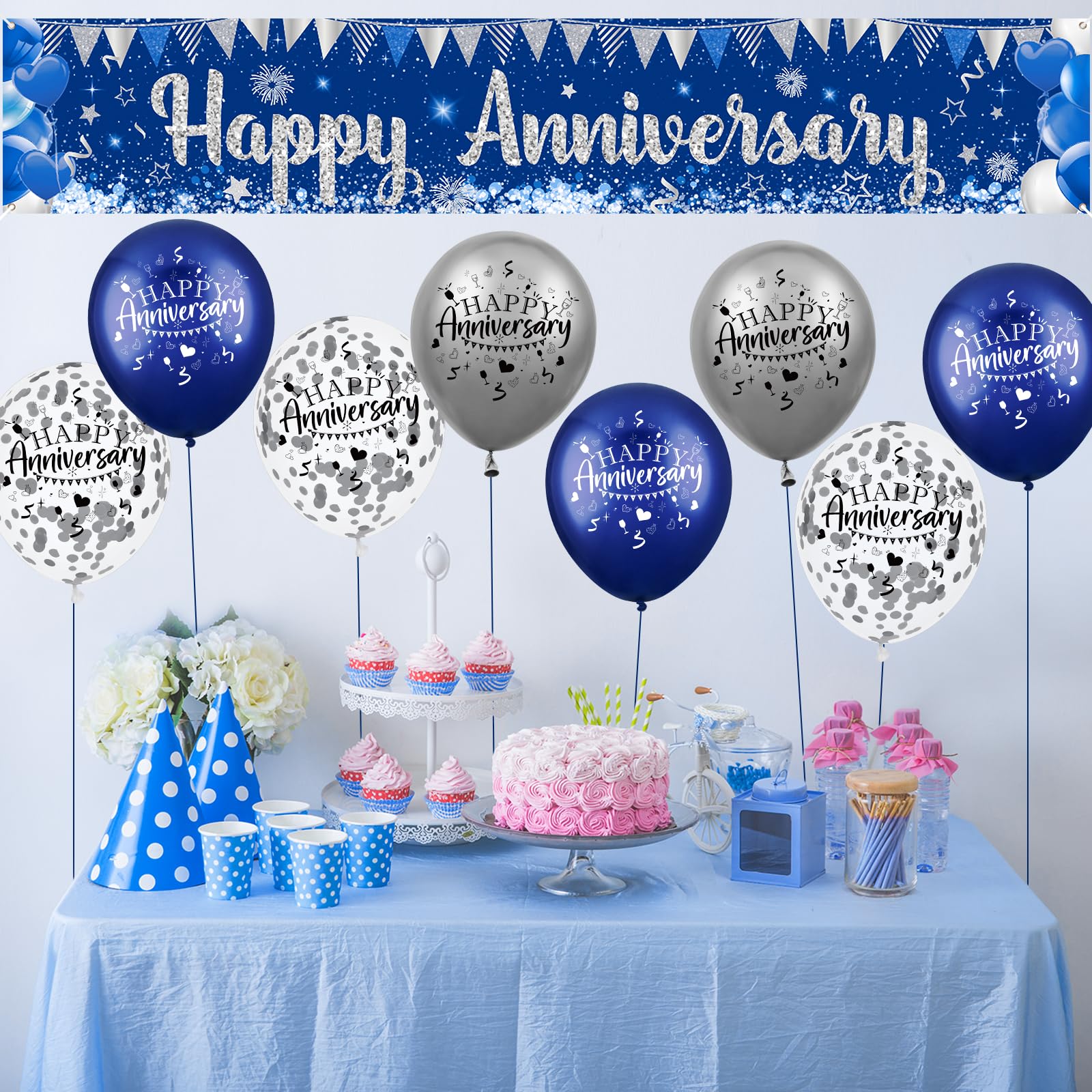 Blue Happy Anniversary Decorations for Men Women, Silver Blue Happy Anniversary Banner and 18pcs