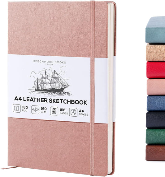 Beechmore Books A4 Sketchbook ??8.5x11 Premium Vegan Leather Bound Large Sketch Book Hardcover with 156 Thick 160gsm Perforated Ivory Pages, Blank Sketch Pad, Gift Boxed, Back Pocket, Ribbon Bookmark