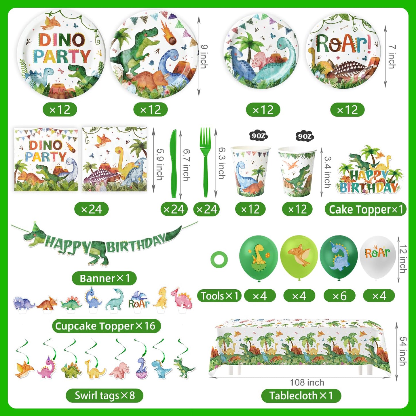 189 Pcs Dinosaur Birthday Party Supplies Set - Serves 24, Dino Decorations Kit with Banner