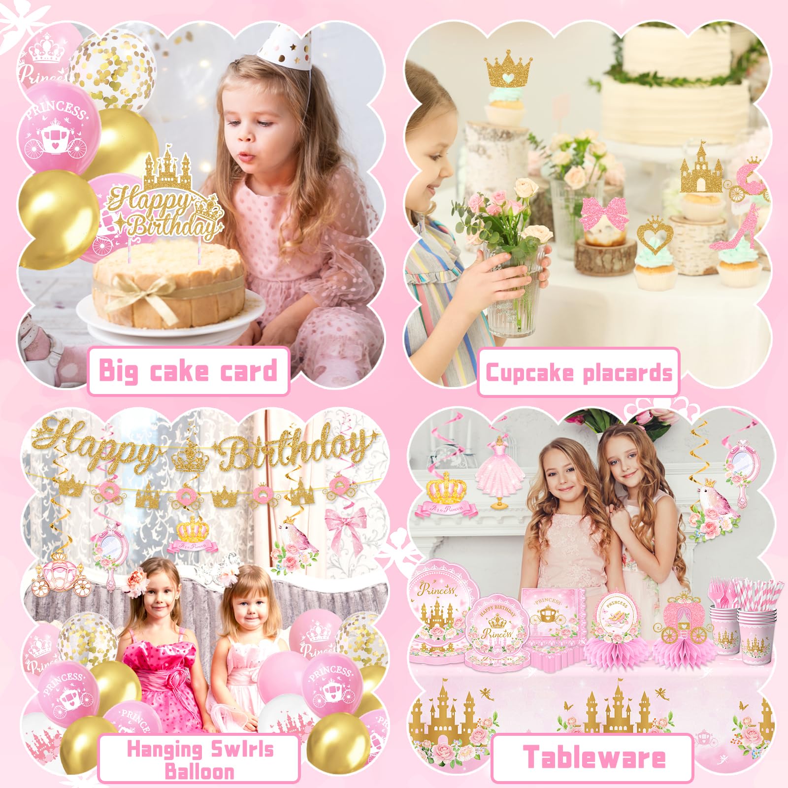 196Pcs Princess Birthday Party Decorations Serves 24,Pink Princess Birthday Themed Tableware