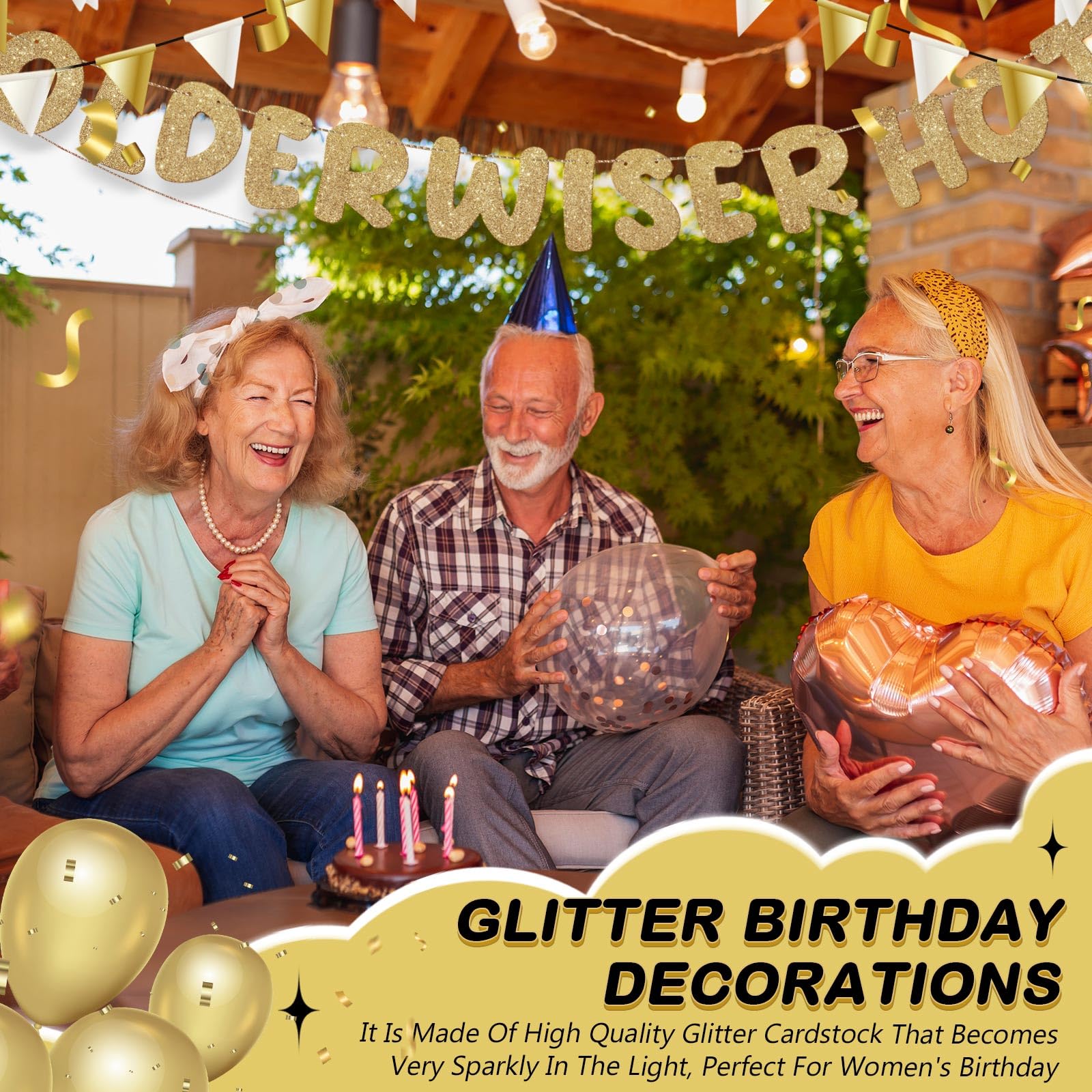 Fulmoon Set of 3 Pre Strung Older Wiser Hotter Glitter Banner Funny Birthday Banner for Women 30th