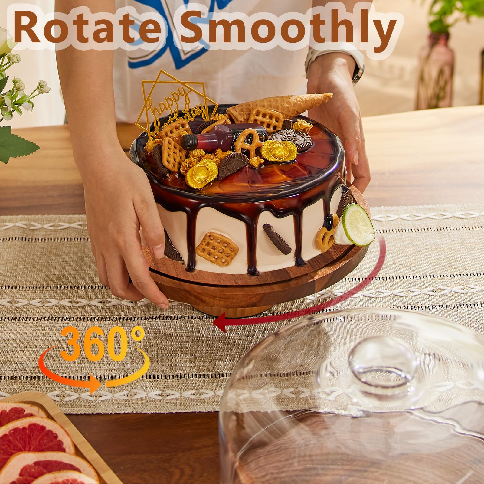 Yangbaga Cake Stand with Lid: 11in Rotating Wooden Cake Holder w/Glass Dome