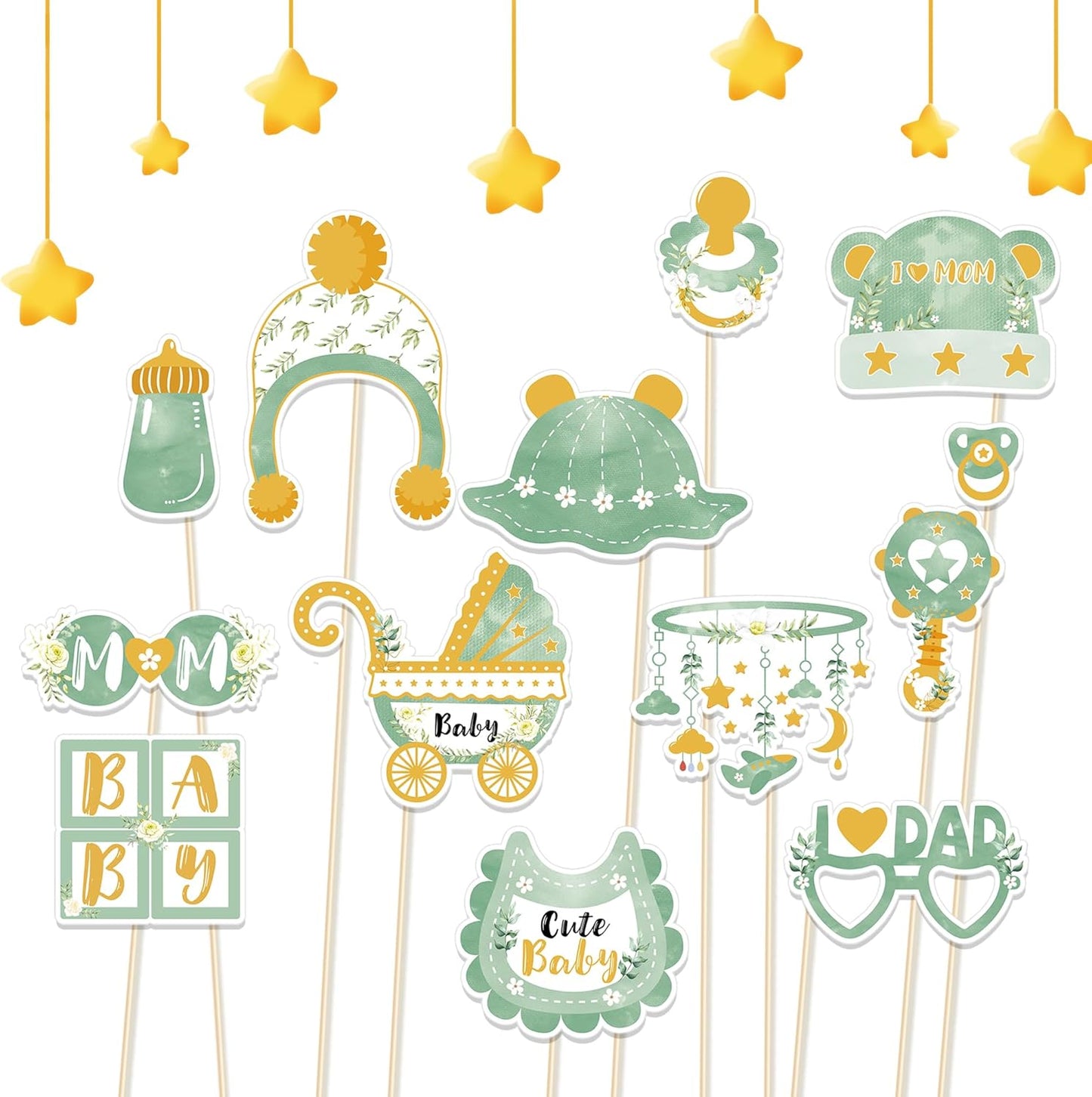 Sage Green Baby Shower Party Photo Booth Props 25PCS Greenery Baby Shower Props for Newborn Party Decoration Boho Photo Booth Props Kit Party Favors Pose Sign Kit Fun for Party