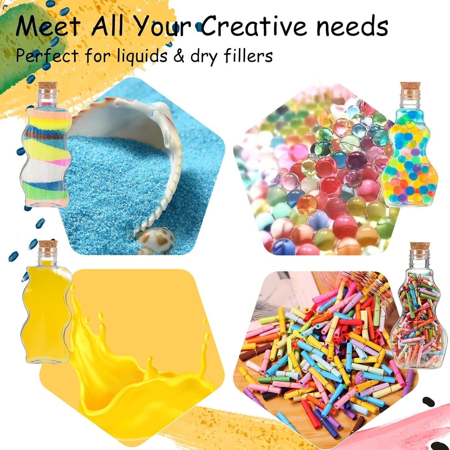 60 Pcs Plastic Sand Art Bottles with Corks and Funnels, 2.5 oz Clear Containers in 3 Styles for Wedding Invitations, Fun Crafts, DIY Projects, Party Decorations