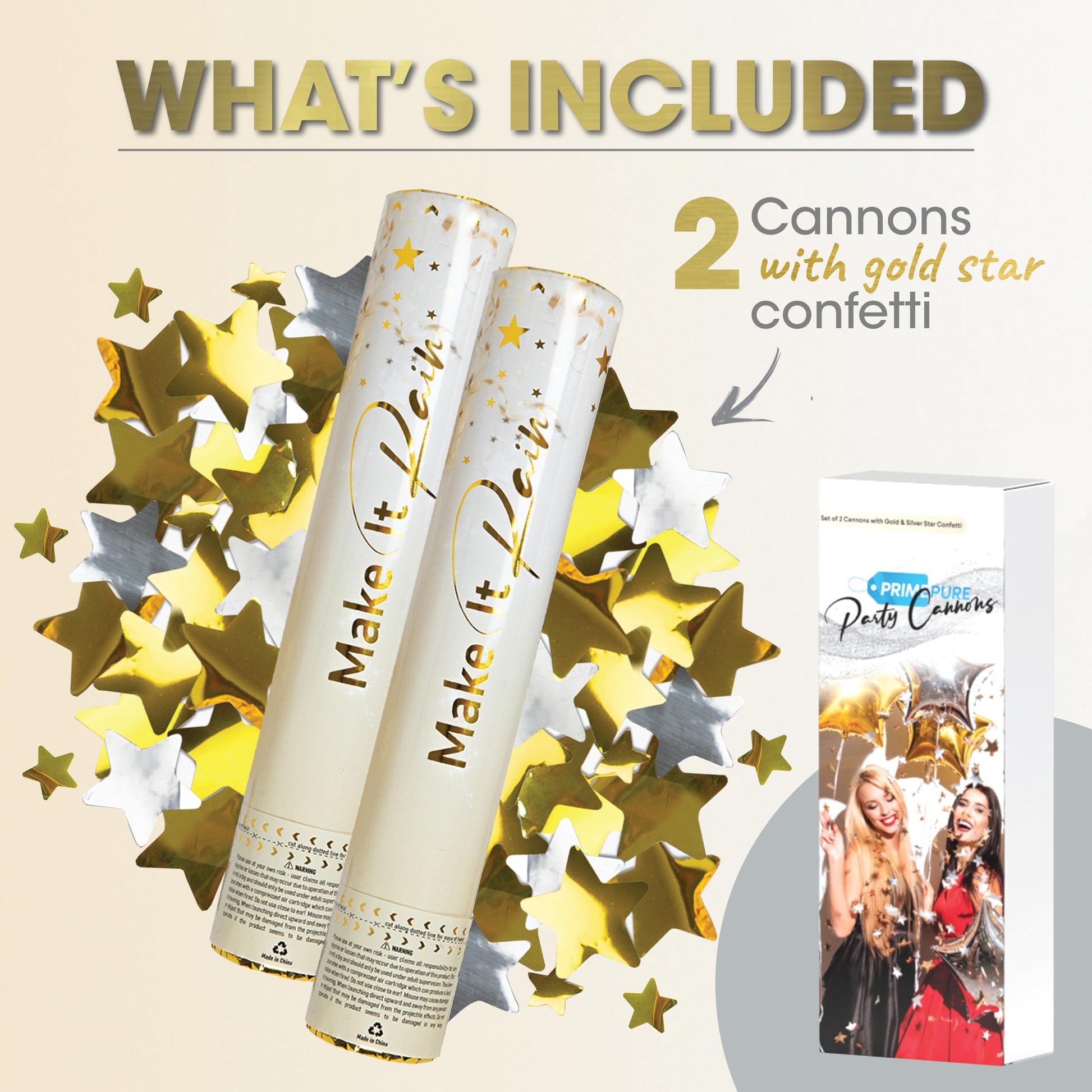 PrimePure Confetti Cannon Party Poppers, Metallic Gold Stars, 2 Pack