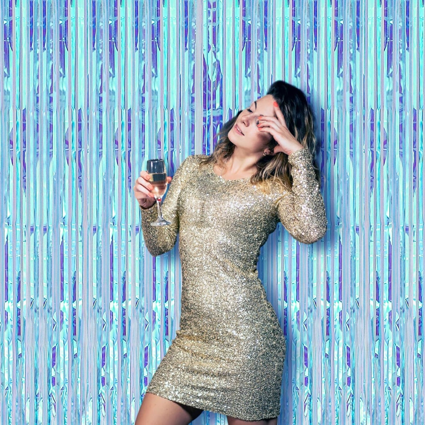 2 Pack 3.3x8.2 Feet Neon Iridescent Foil Fringe Backdrop Curtains, Tinsel Streamers Birthday Party Decorations, Fringe Backdrop for Graduation, Baby Shower, Gender Reveal, Disco Party