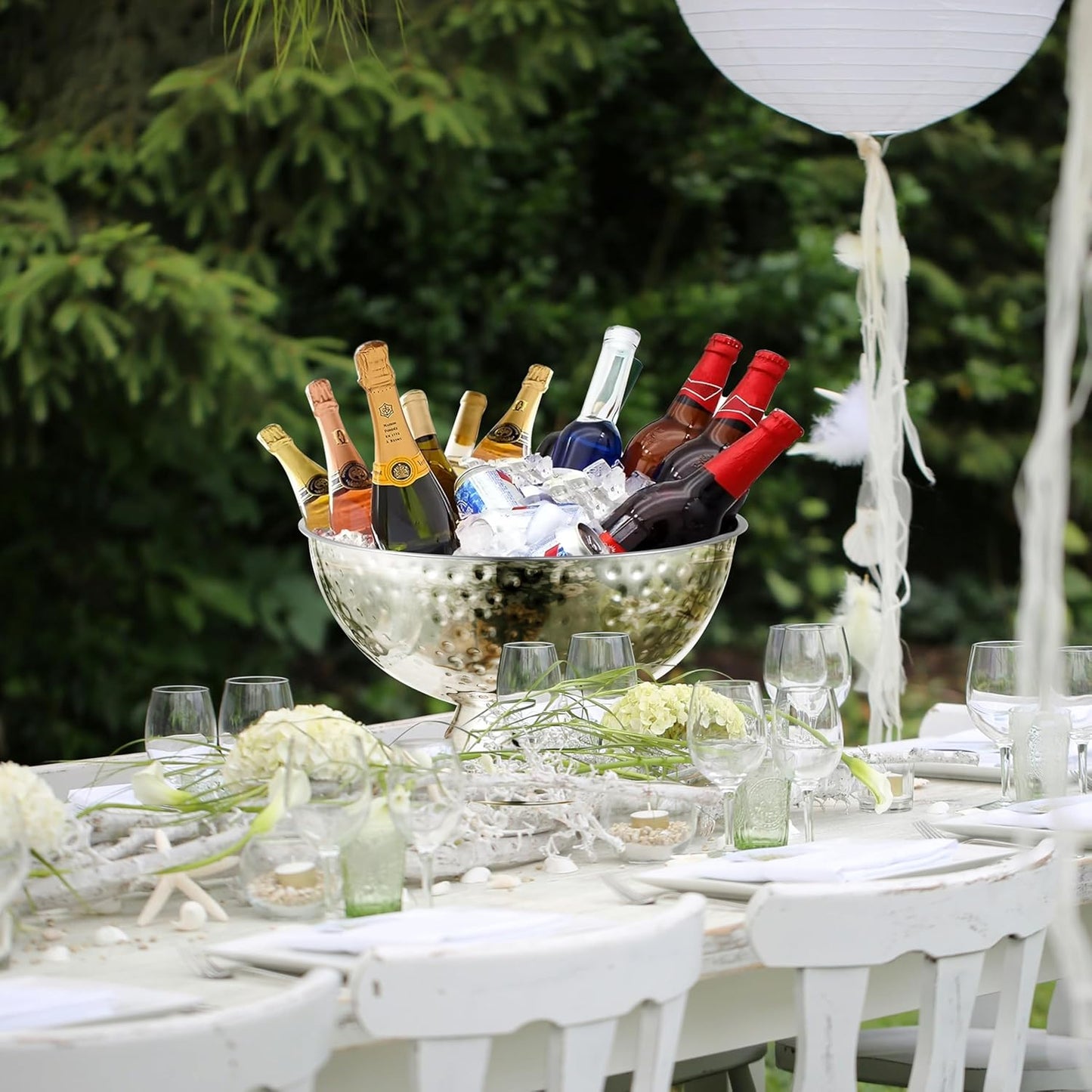 12L Hammered Large Ice Bucket for Parties - 16"x16"x10" Huge Punch Bowl with Ladle - Stainless Steel Bucket for Cocktail Bar - Lightweight Champagne Bucket with Scoop