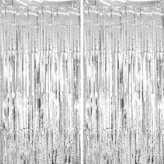 2 Pack Silver Tinsel Foil Fringe Curtains, Silver Party Decorations, Metallic Tinsel Party Streamers Backdrop for Birthday Baby Shower Graduation Wedding Bachelorette Party Decorations