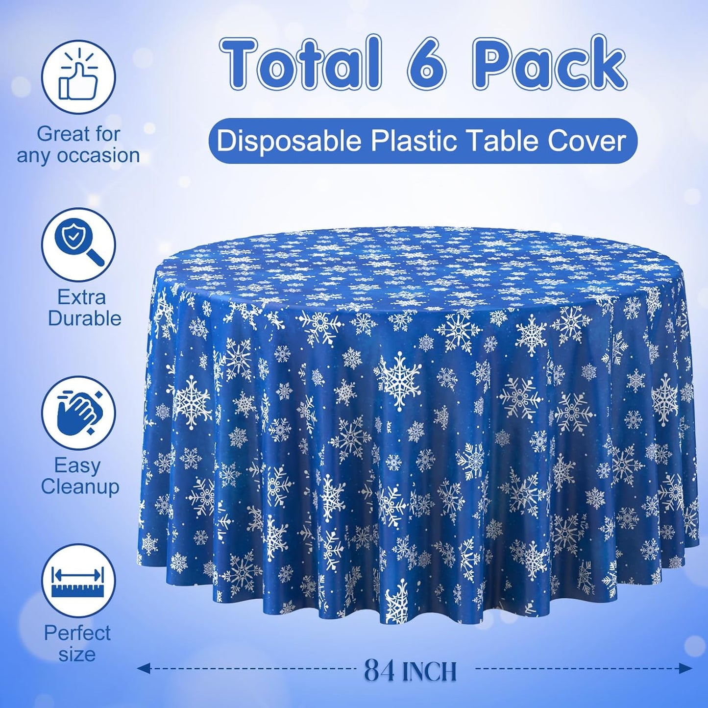 Jectivs 6 Pieces Christmas Snowflake Plastic Party Tablecloth Decorations,Disposable White Snowflake Blue Xmas Round Table Cover Backdrop for Winter Christmas Holiday Party Supplies,84 inch (Blue)