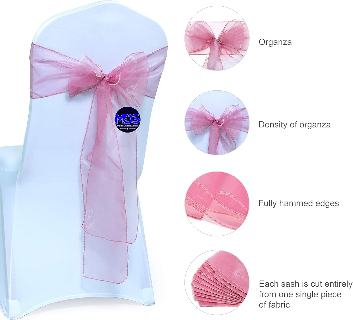 MDS Pack of 75 PCS Organza Chair Sashes Wider Dining Chair Bows Ribbon Tie Back for Wedding Party Birthday Bridal Shower Reception Event Banquet Home Chair Cover Decoration - Dusty Pink
