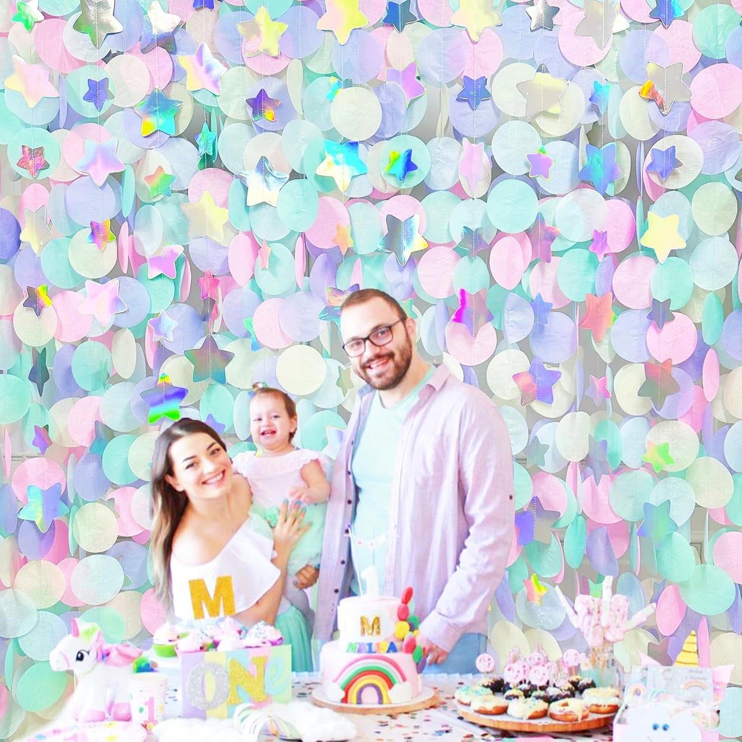 205Ft Pastel Party Decorations Circle Dot Backdrop Streamer Pastel Tissue Paper Polka Dots with Iridescent Star Hanging Garland for Birthday Wedding Bachelorette Engagement Baby Shower Party Supplies