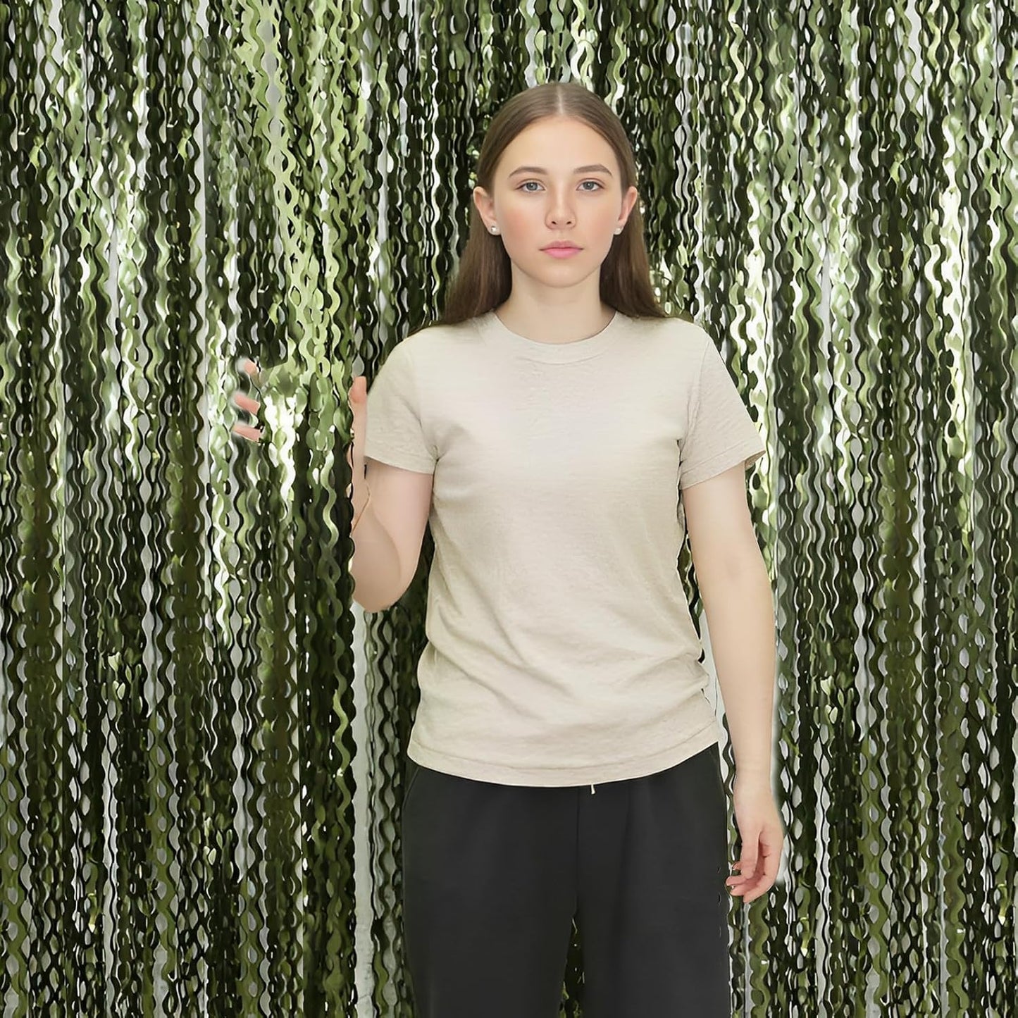 4 Pack Wavy Olive Green Streamers Backdrop Jungle Party Decorations - 3.3x6.6ft Foil Fringe Curtains Photo Booth for Dinosaur Animal St Patrick's Day Football Decor