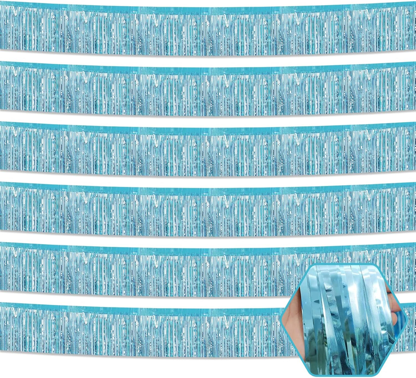 6 Pack 10 Feet Light Blue Foil Fringe Garland Metallic Tinsel Streamers Banner Wall Hanging Curtain Backdrop for Parade Floats, Birthday, Graduate, Mother's Day, Wedding Party Decoration