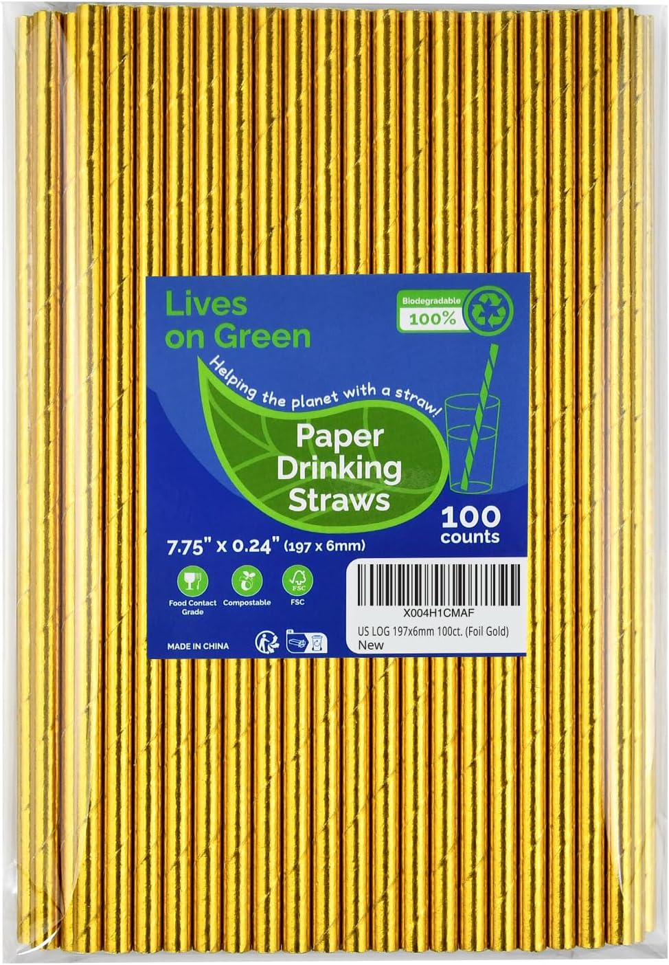 7.75 inch Compostable Gold Paper Straws 100 Counts - for Drinking, Cocktails, Party, Wedding, Decoration