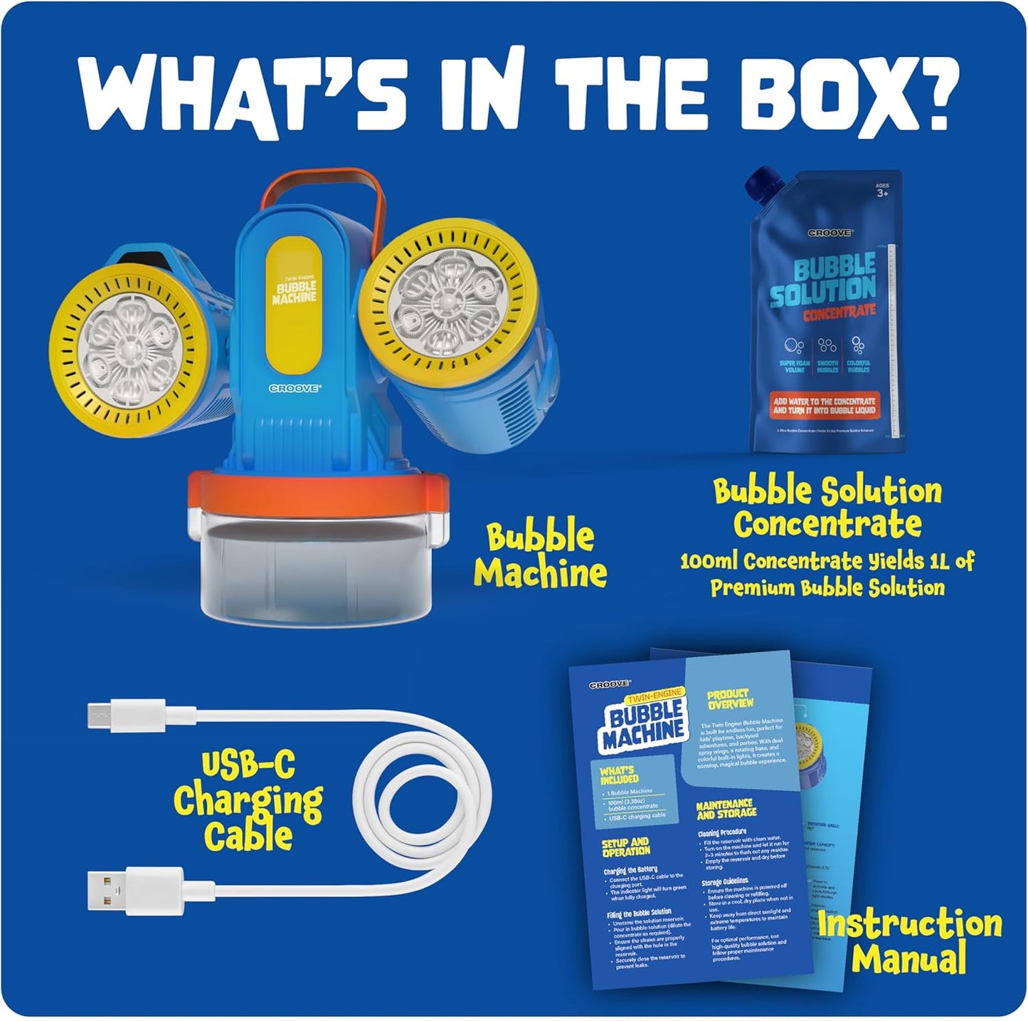 Croove Rechargeable Bubble Machine for Kids, 180° Rotation 10,000+ Big Bubbles Per Minute, Boy Birthday Gift, Outdoor Toys Games & Activities, Gifts for Toddlers, Boys & Girls Age 3,4,5,6,8+ Year Old