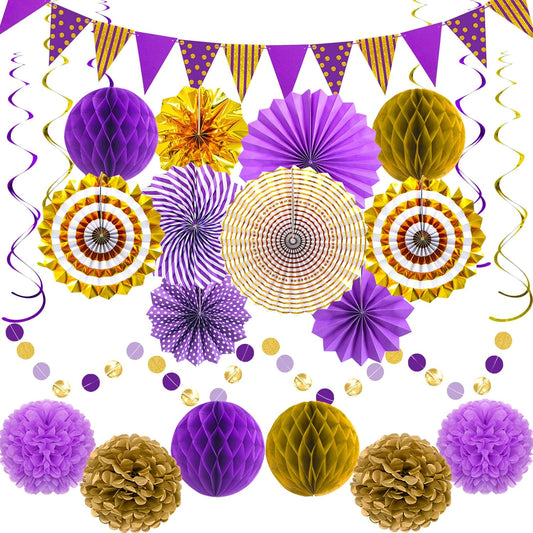 Purple Gold Party Decorations Paper Fans, Graduation Season Hanging Glitter Triangle Flags Banner Hanging Paper Fan Happy Birthday Banners and Triangular Flag, Bridal Shower,Purple Themed Birthday