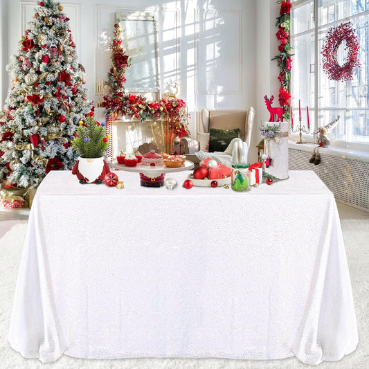 QueenDream Sparkly Sequin Tablecloth - White Table Cloth 50x80 Inches Rectangle Table Overlay Fabric for Birthday Parties Baby Shower Decoration
