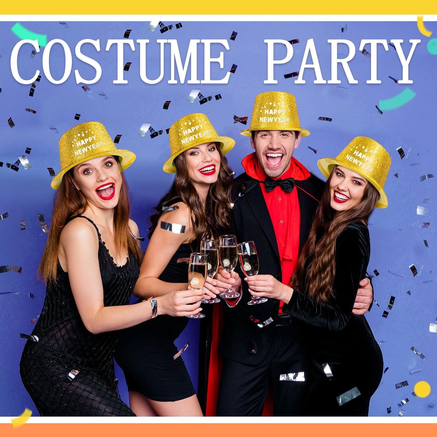 Hillban 12 Pcs Top Hats Halloween Glitter Plastic Retro Disco Party Hats for Halloween Magician Birthday Wedding Carnivals(Golden with Letter,Novel)