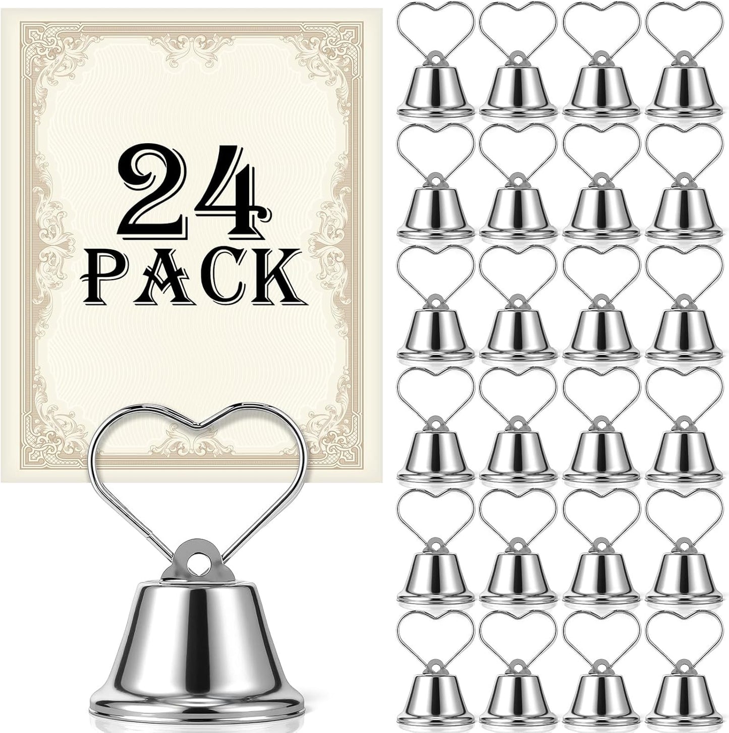 24 Pcs Table Number Holders Place Card Holders for Table 2 Inch Ring Clip Bell Number Holder Metal Picture Holder for Wedding Christmas Restaurant Home Photo Office Memo(Silver,Heart)