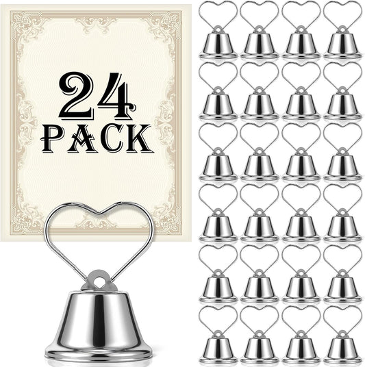 24 Pcs Table Number Holders Place Card Holders for Table 2 Inch Ring Clip Bell Number Holder Metal Picture Holder for Wedding Christmas Restaurant Home Photo Office Memo(Silver,Heart)