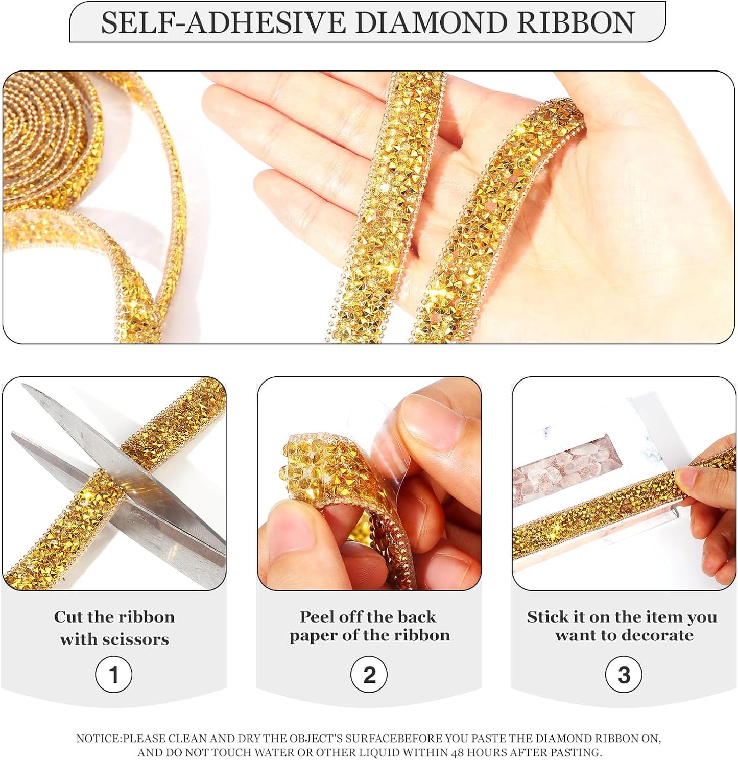 Rhinestone Ribbon 3 Yards Self Adhesive Rhinestone Strips Diamond Ribbon Sticker Crystal Roll Glitter Bling Rhinestones Tape for Crafting DIY Art Decoration (Gold,0.6 Inch)