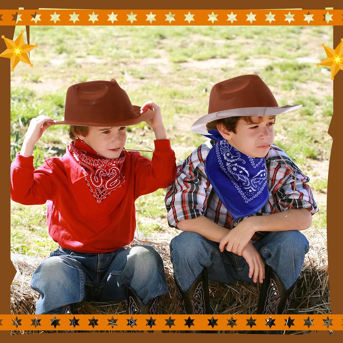 Haysandy 24 Pcs Western Cowboy Party Hats with Bandanas,Brown, Red, Blue