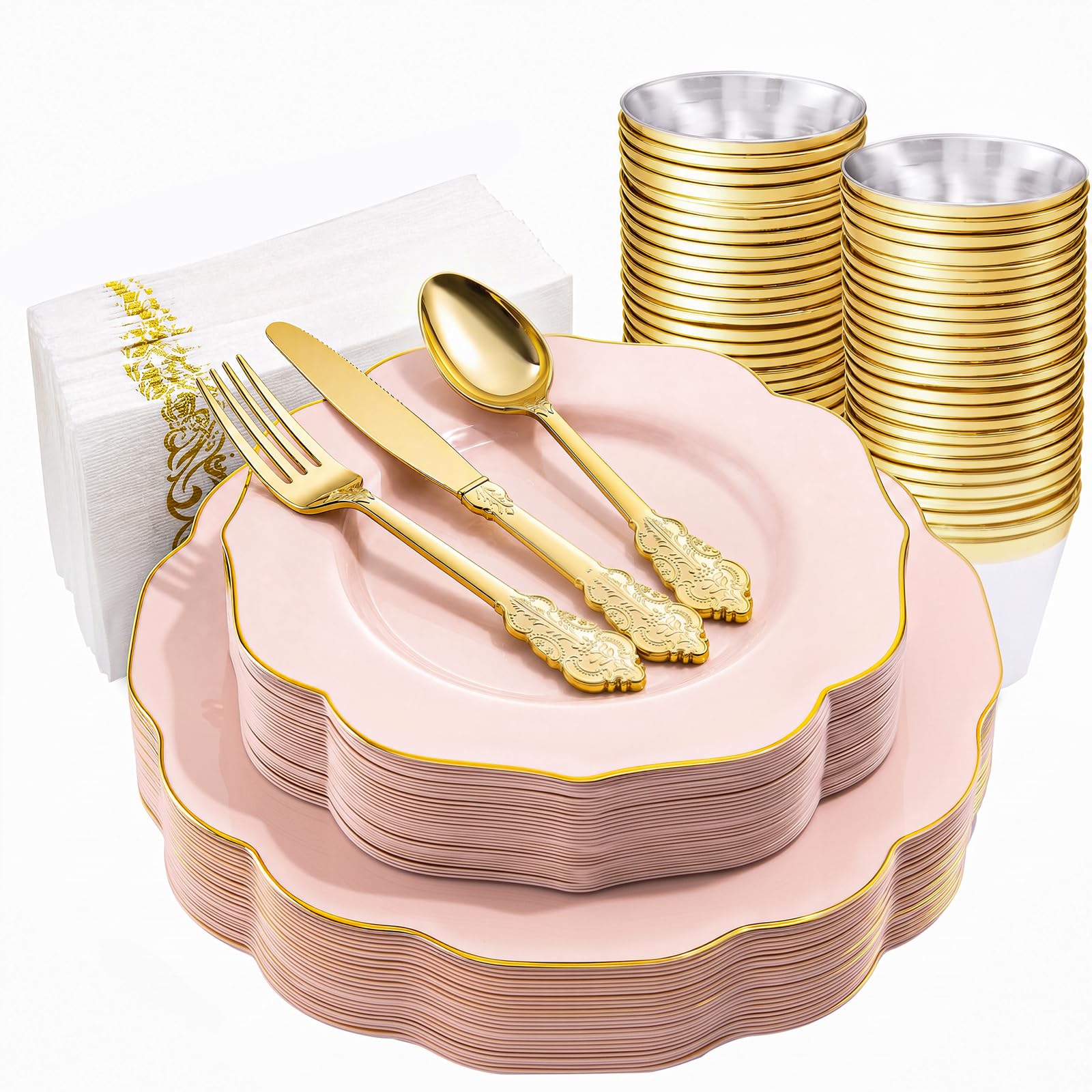 NOCCUR 175PCS Pink Plates with Gold Disposable Silverware - Include 50 Pink Plastic Plates,25