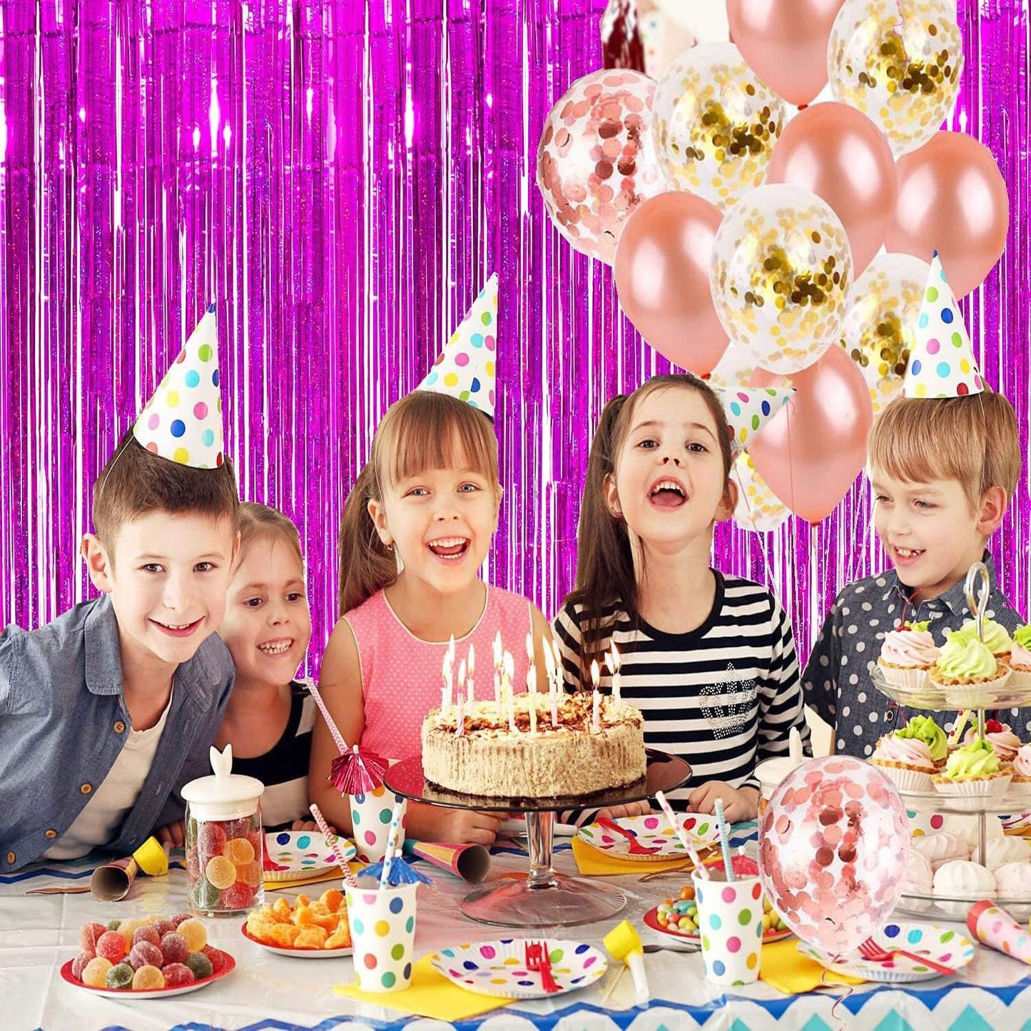 BRAVESHINE Hot Pink Tinsel Foil Fringe Curtains - 2Pcs 3.2x8.2ft Metallic Party Streamers Backdrop for Girl Birthdays Valentines Bridal Shower Bachelorette Hawaiian Luau Theme Party Decorations