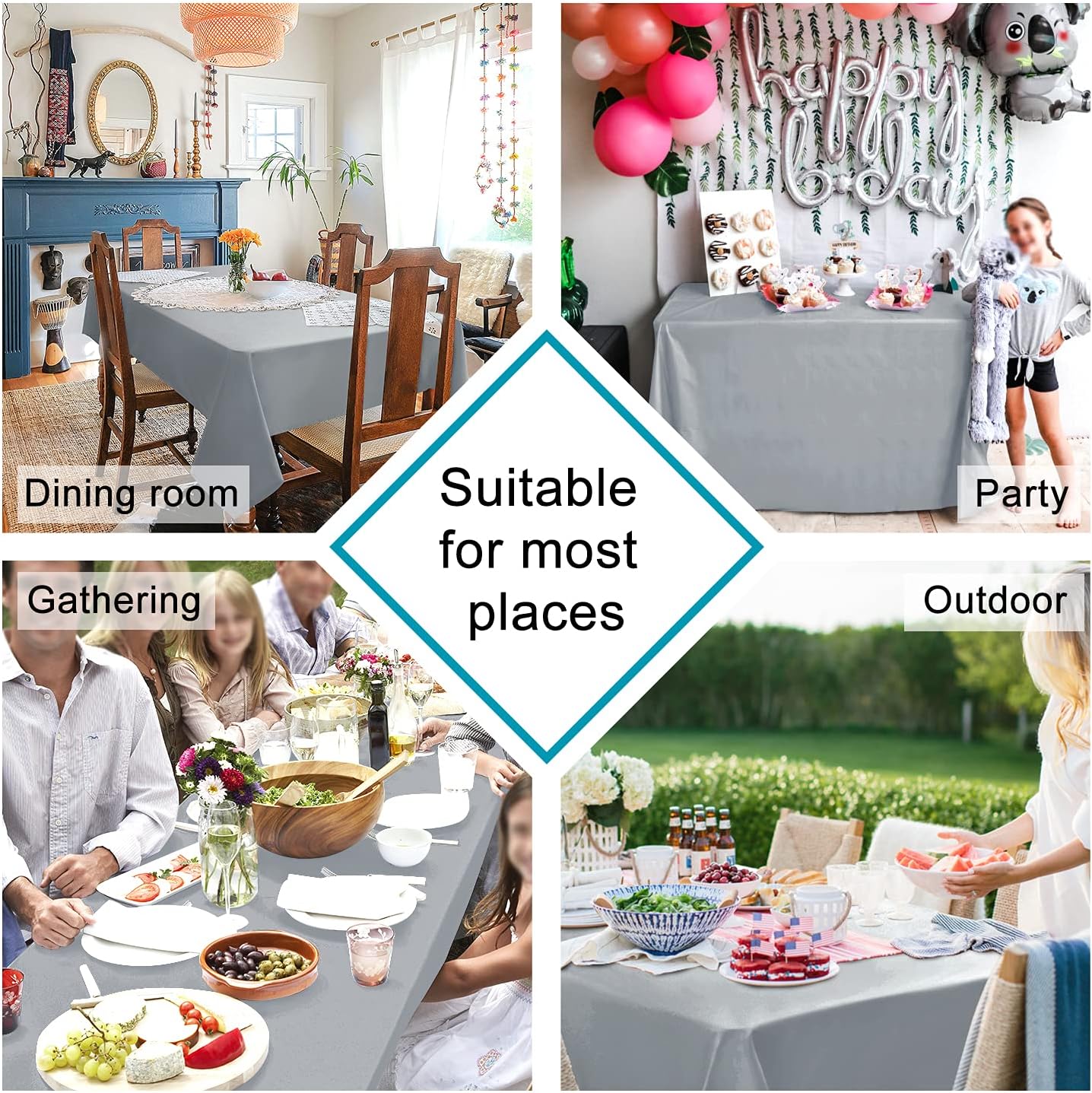 Hiasan Silver Grey Rectangle Tablecloth - Waterproof and Spillproof Washable Fabric Table Cloth for Dining Room Kitchen Party and Outdoor, 60 x 120 Inch