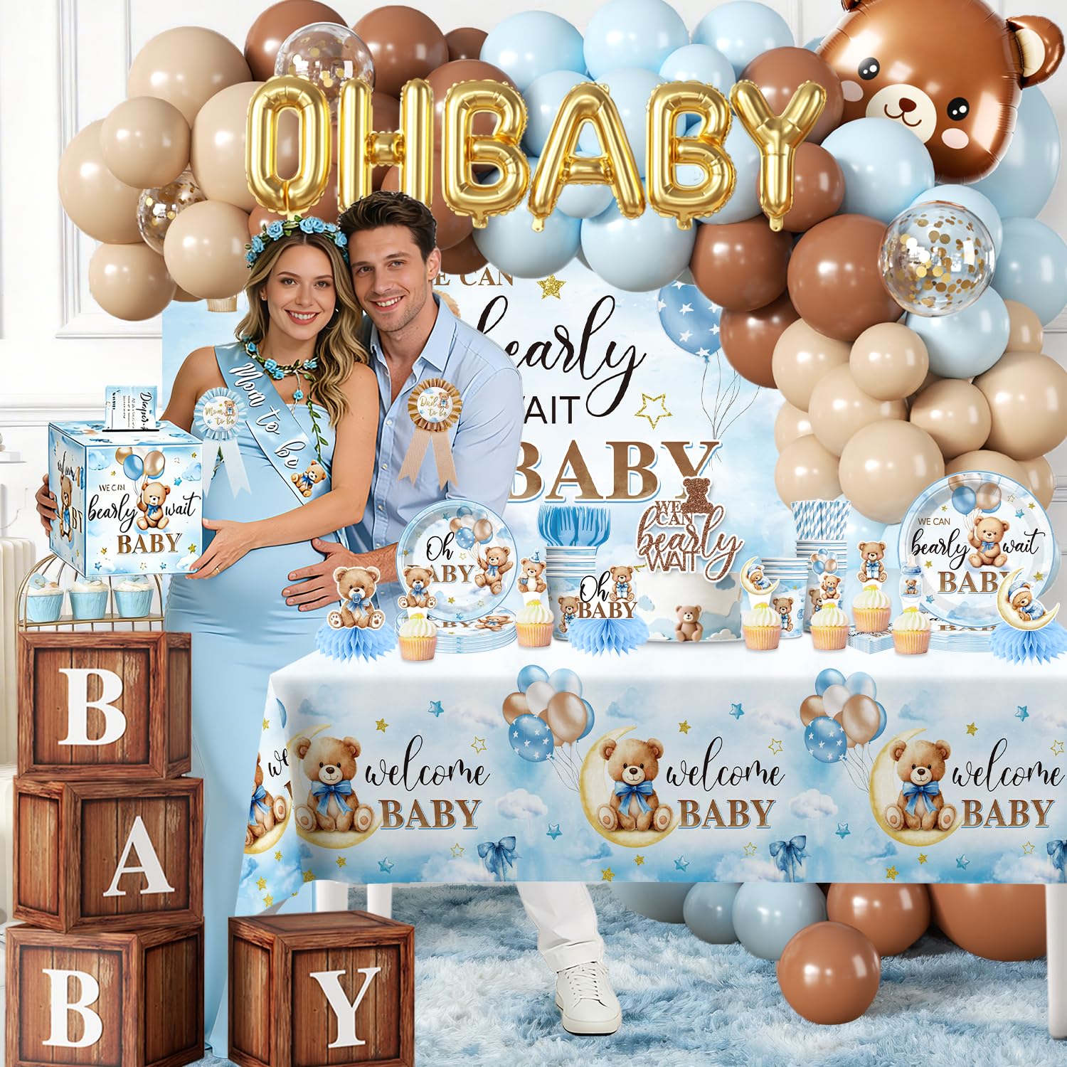 213Pcs cocomigo Blue Baby Boy Shower Decorations Tableware Set, 25 Serves