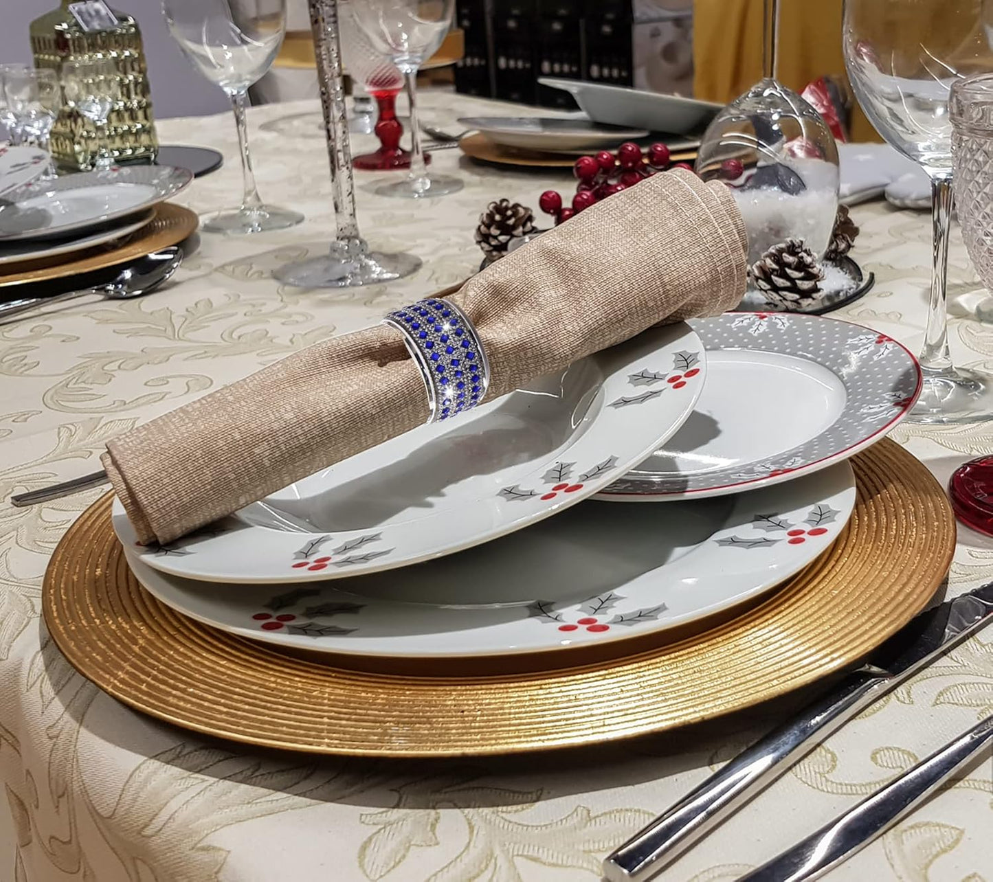 Rhinestone Napkin Ring Diamond Napkin Rings Stainless Steel Blue Crystal Napkin Holder Set of 12 for Dinner, Wedding, Party, Holiday, Banquet,Everyday Table Setting Home Decor