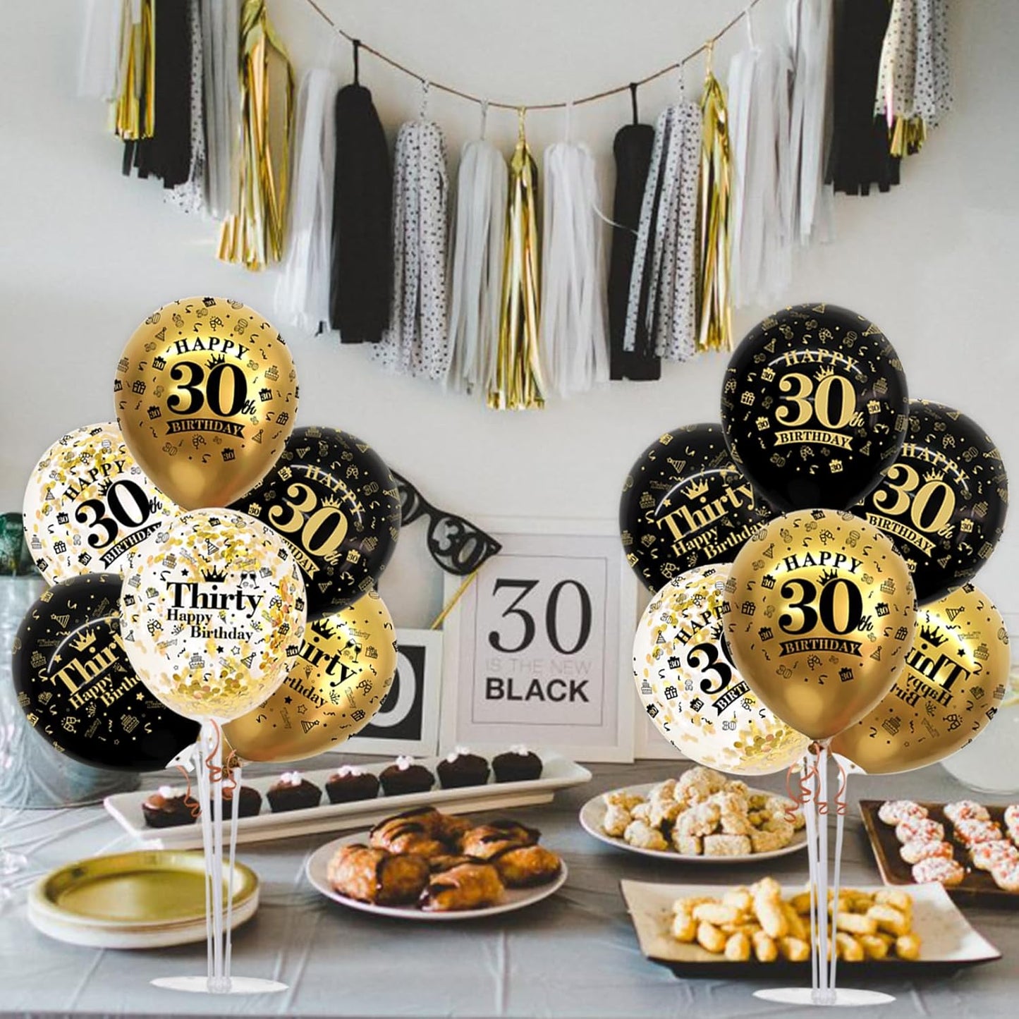 TONIFUL 4 Set Black Gold Balloon Stand Kit for Birthday Decorations for 30th,Balloon Centerpieces for Table Party Decorations Cheers to 30 Years Old Birthday for Men and Women
