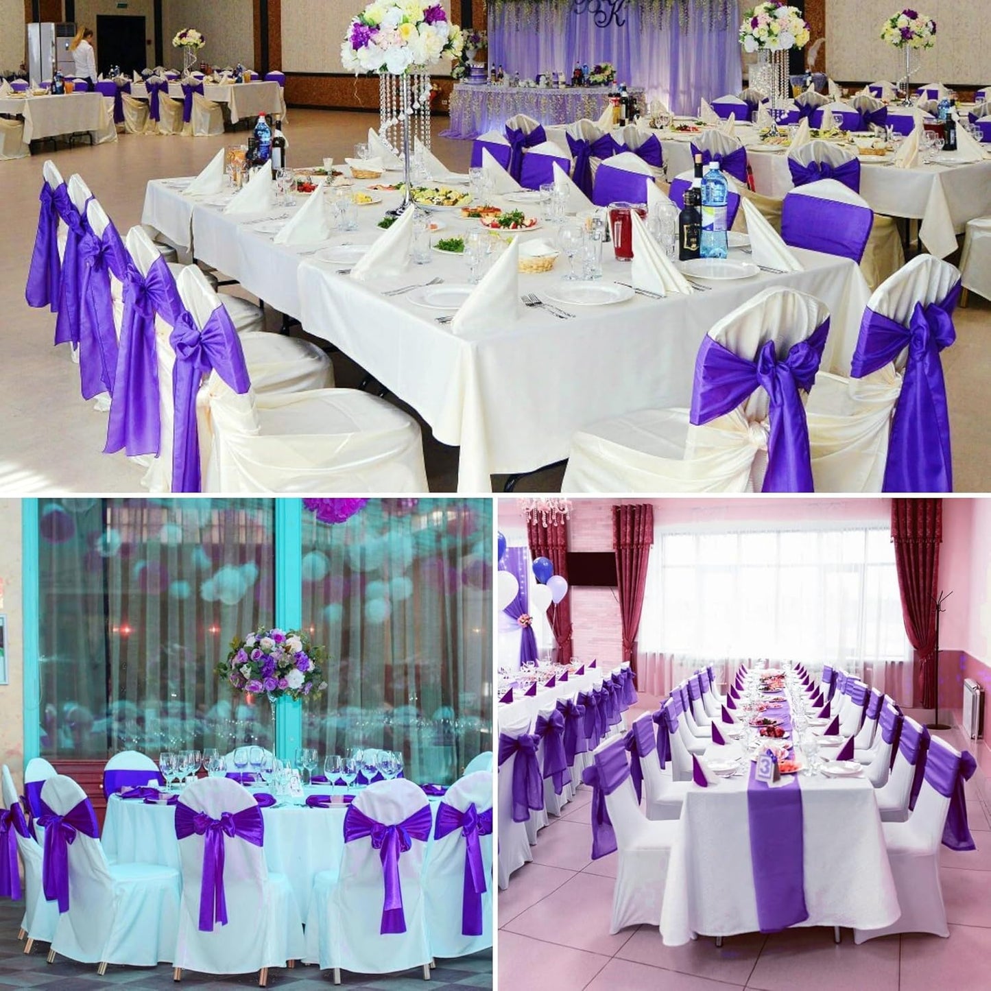 100 PCS Satin Chair Sashes Decorative Bow Satin Chair Sashes Ties Back Ribbon Bows Chairs Cover Band for Wedding Birthday Party Ceremony Reception Events Banquet Home Kitchen Decor(7 x108inch,Purple)