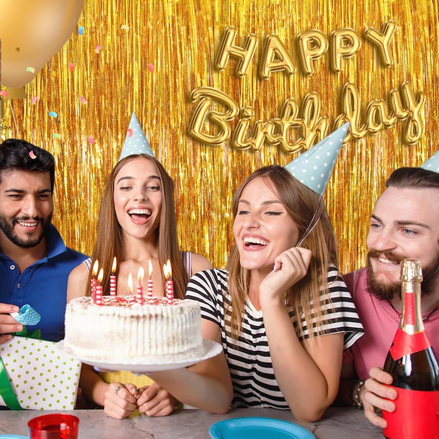 2Pack 3.3 x 8.3 Ft Gold Party Streamers, Tinsel Streamers Birthday Party Decorations, Fringe Backdrop for Graduation, Baby Shower, Door Streamers Tinsel Curtain Gender Reveal New Year Party Streamers